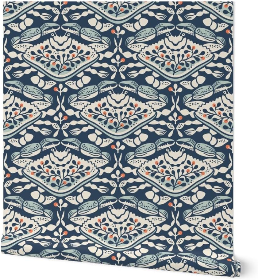 Spoonflower Removable Wallpaper Swatch - Blue Crab Coastal Floral Whimsical Summer Beach Crustacean Shrimp Lobster Cape Cod Nautical Sea Life Custom Pre-Pasted Wallpaper
