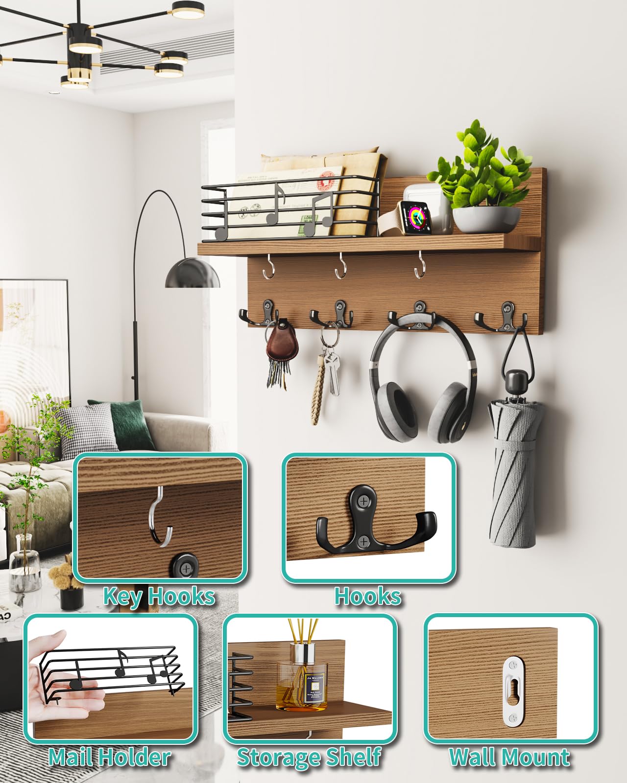 JiangLin Porte-clés en bois avec étagère, porte-clés décoratif, porte-clés mural avec 7 crochets, étagère murale en bois pour porte-clés, organiseur pour entrée, couloir, chambre, salon (Noir JiangLin Porte-clés en bois avec étagère, porte-clés décoratif, porte-clés mural avec 7 crochets, étagère murale en bois pour porte-clés, organiseur pour entrée, couloir, chambre, salon (Noir