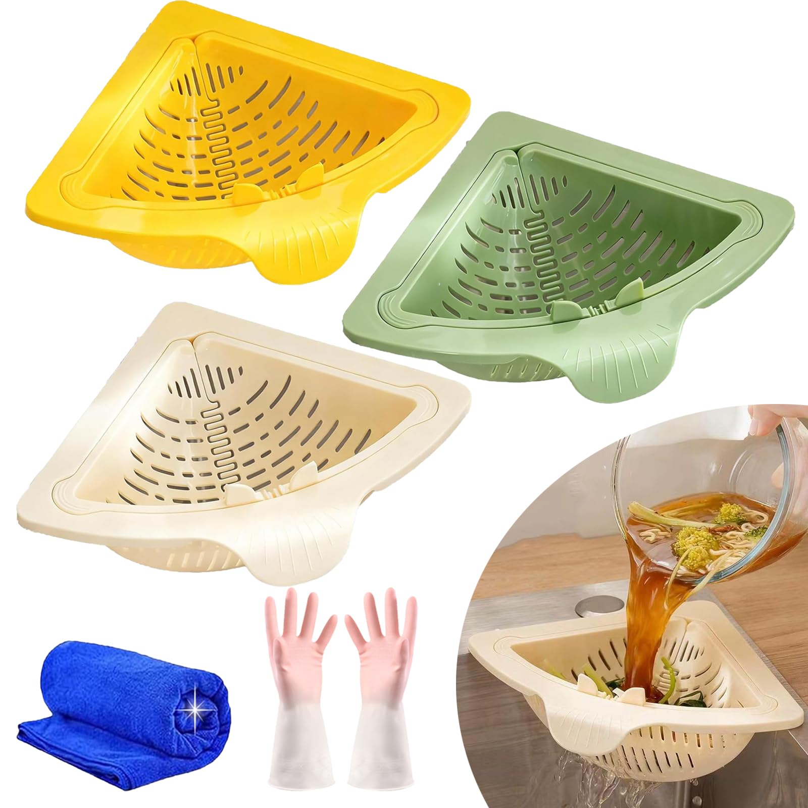 Magnetic Triangular Draining Basket, Sink Strainer with Twist-Open Bottom, Kitchen Sink Corner Rack, Automatic Pop-Up Triangular Sink Strainer for Washing Fruits & Vegetables (3pcs)