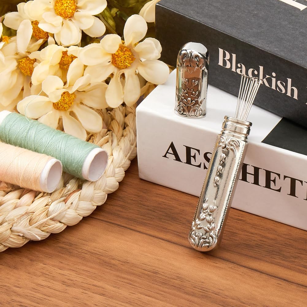 GORGECRAFT Vintage Needle Storage Case Antique Silver Needles Tubes Toothpick Keeper Holder Box Container Portable Sewing Supplies Tools for Embroidery Cross Stitch Hand Crafts 3.46x0.59inch