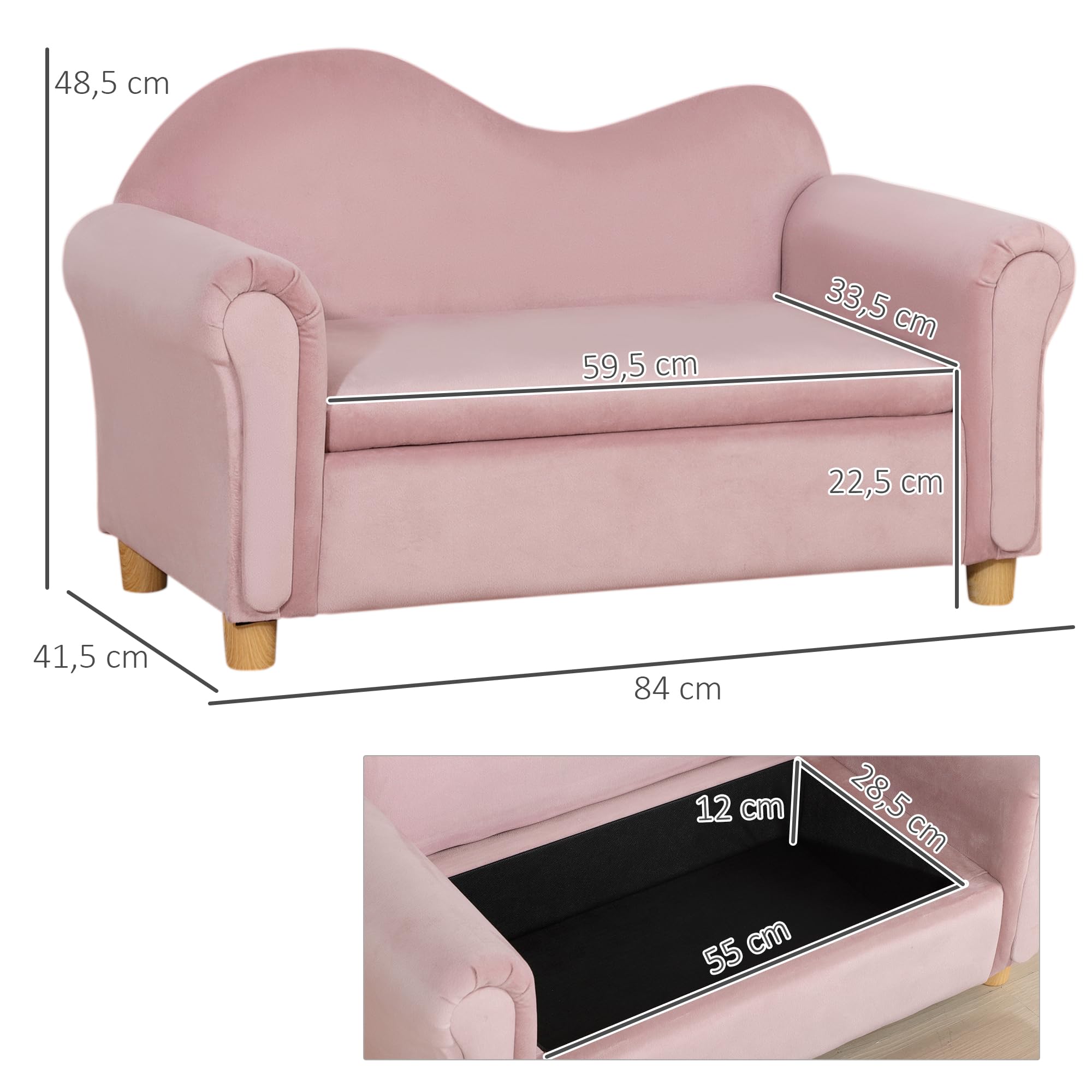 HOMCOM Kindersofa Kindersessel mit Stauraum Armlehne 2-Sitzer Kindercouch Liegecouch Relaxsessel Kinder Sofa für 3-5 Jahre Jungen und Mädchen Rosa