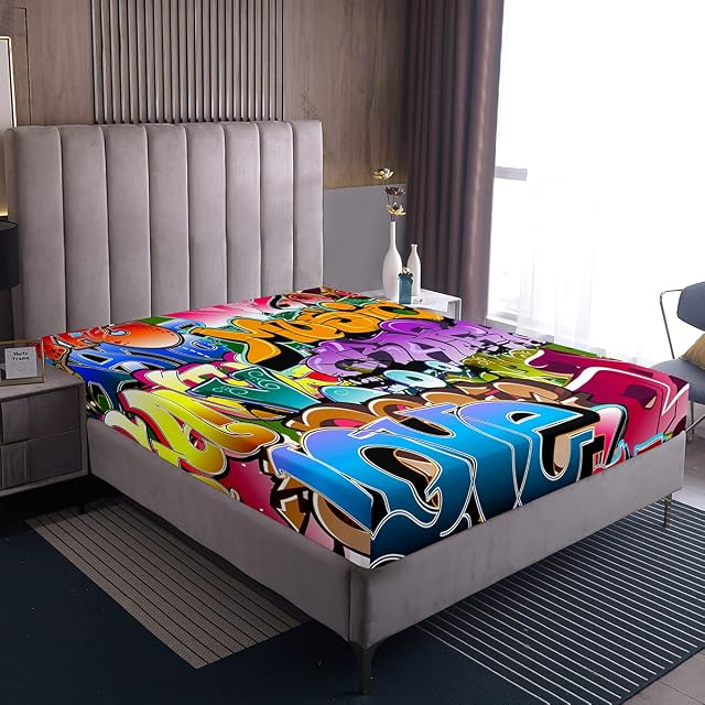 Loussiesd Graffiti Style Fitted Sheet Kids Hip Hop Theme Fitted Sheet Single For Boys Teenagers Youth Illustration, Man Bed Sheet Box Spring Bed Sheet Street Culture Print 100% Microfiber
