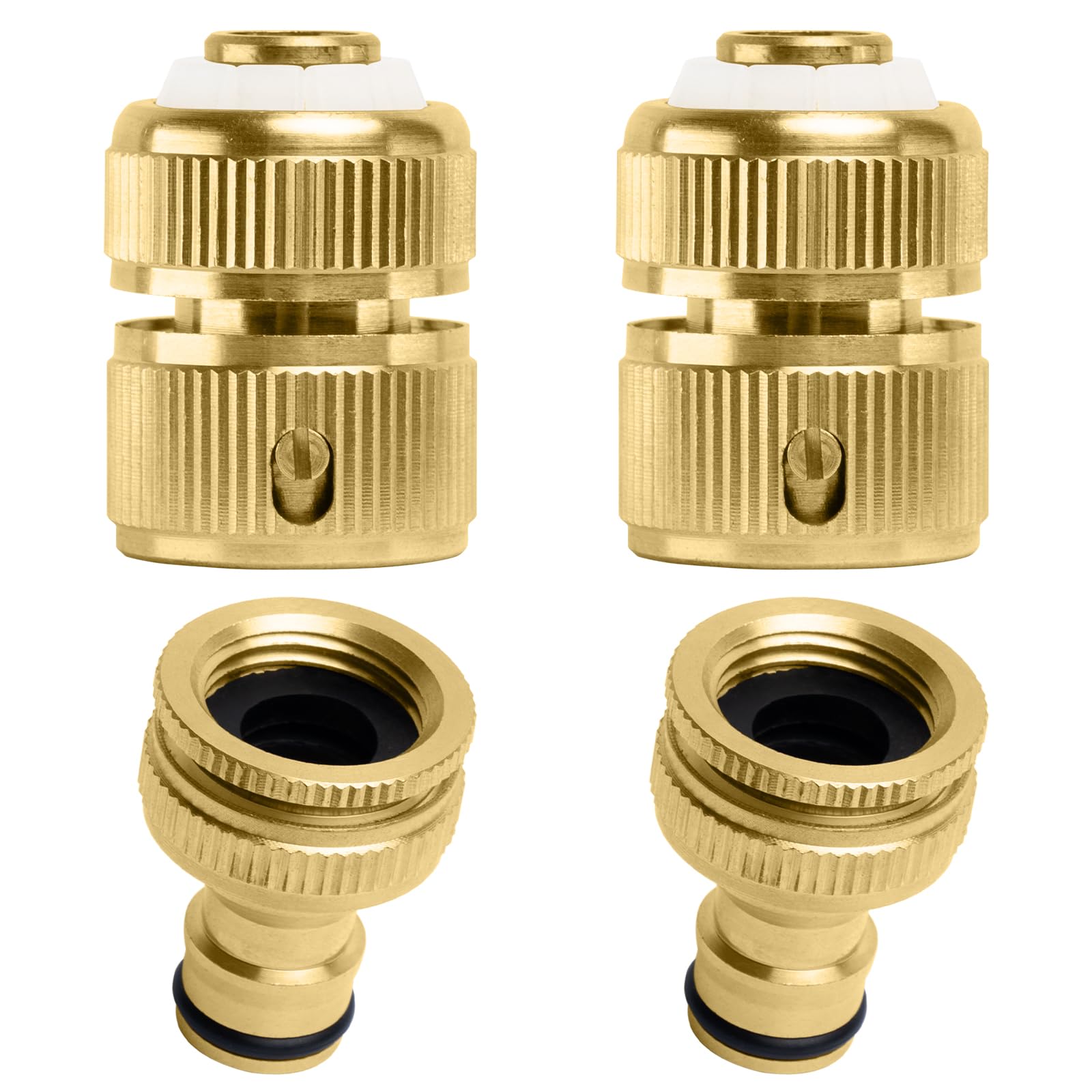 Garden Hose Connector 4 Pack, Solid Brass Tap Connector, 1/2 Inch and 3/4 Inch 2-in-1 Faucet Connector, 1/2 Inch Quick Connect Garden Hose Fittings