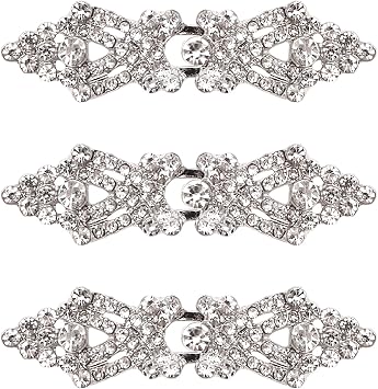 WANDIC Cloak Clasp Fasteners, 3 Pcs 3.5CM Silver Clips with Rhinestone Vintage Cape Sew On Hooks and Eyes Clasps Cardigan Clips for Clothing Sweater Shawl
