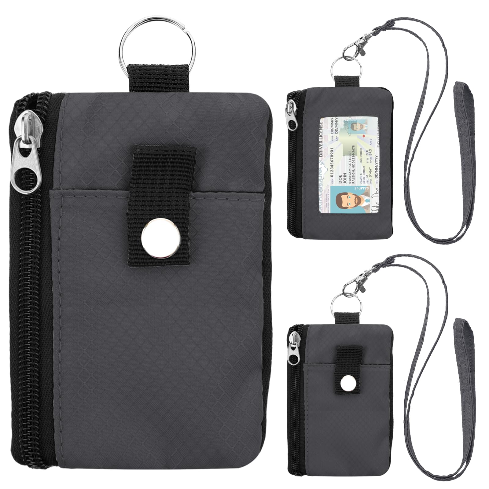 Minimalist Small Wallet for Men Women with 2 Zip Pockets, Multi Functional ID Case with Keychain and Card Holder, Coin Purse Badge Lanyard Pouch for Boys Girls Travel -Gray