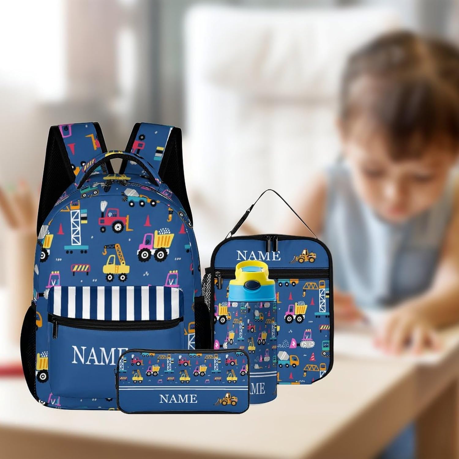 Custom Cute Cartoon Car Kids Backpack for Girls Boys Personalized Add Your Name 4Pcs School Bag with Lunch Bag Pencil Bag Water Bottle Customization Backpack Set