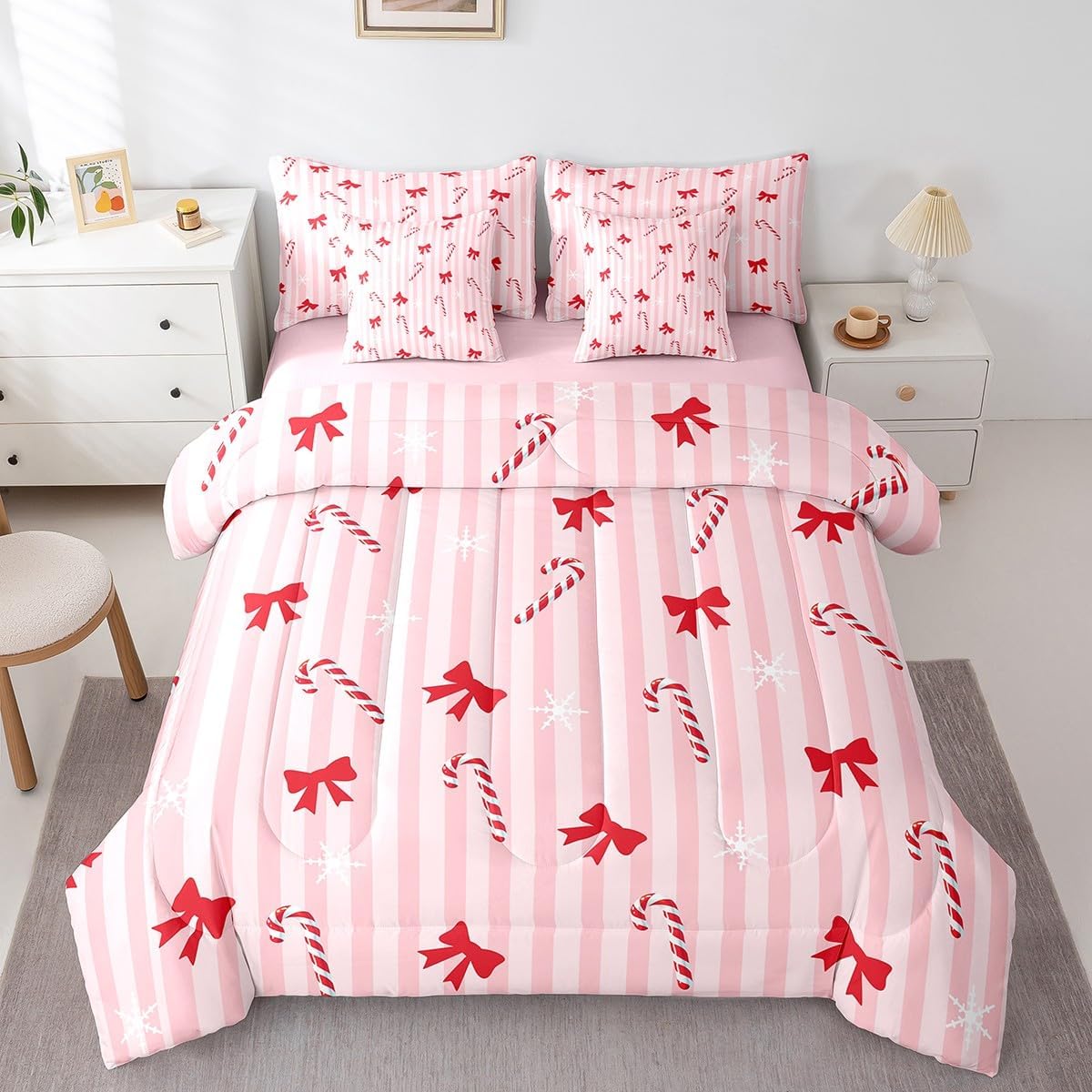 Manfei Pink Bow 7 Pcs Comforter Set,Princess Ribbon Bow Dreamy Girly Bow-tie Bedding Set,Fairy Tale Romantic Starry Pink White Bed Set(Comforter+Fitted+Flat Sheet+Pillowcases+Pillow Covers),Full