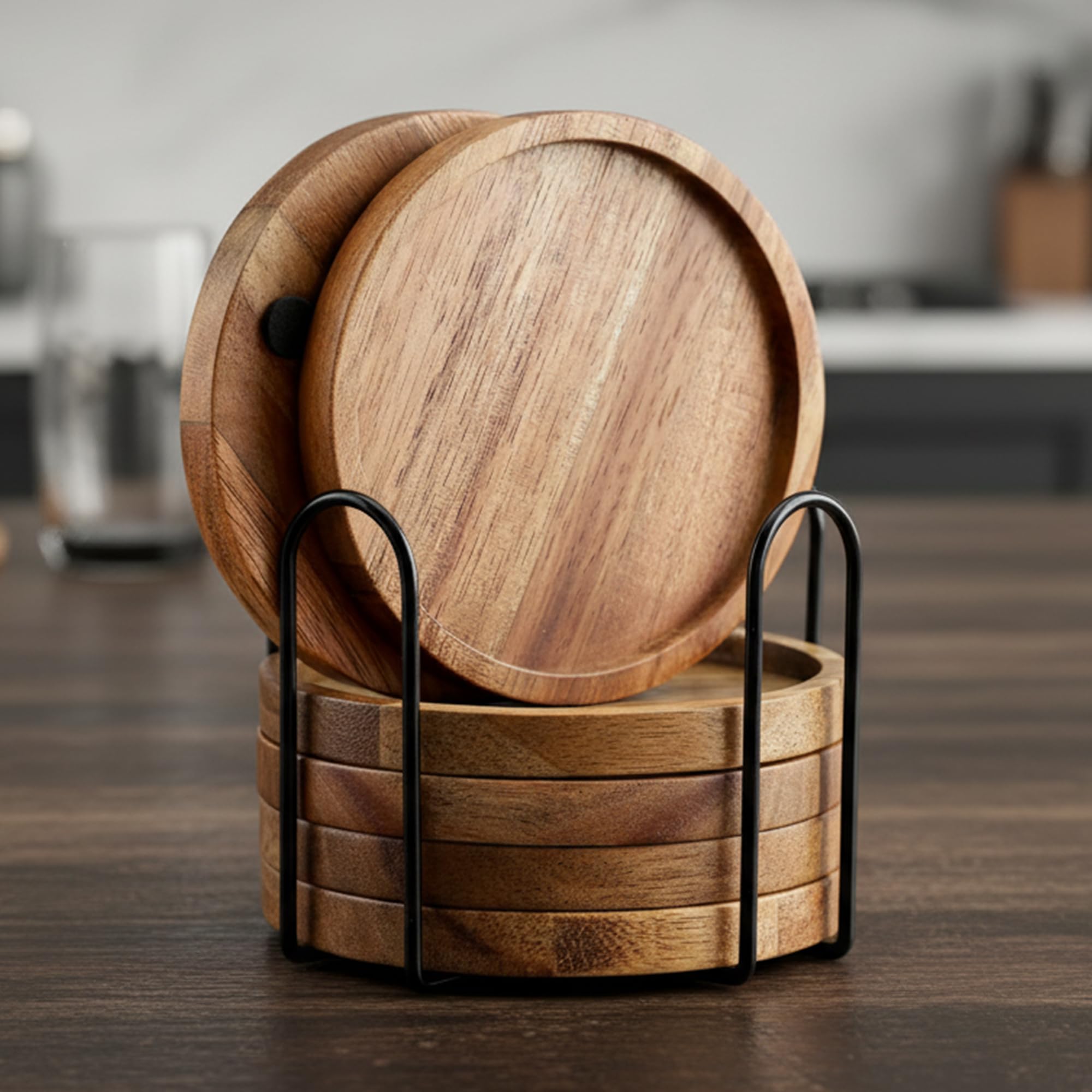 Serenz, 6 Pcs Best Wooden Coasters with Holder Coffee Table Decor, Wood Coaster Set Modern Cup Coaster for Drink Home Dining Table Kitchen Accessories Beer Bar Decorative Rustic Outdoor Coasters-image-8