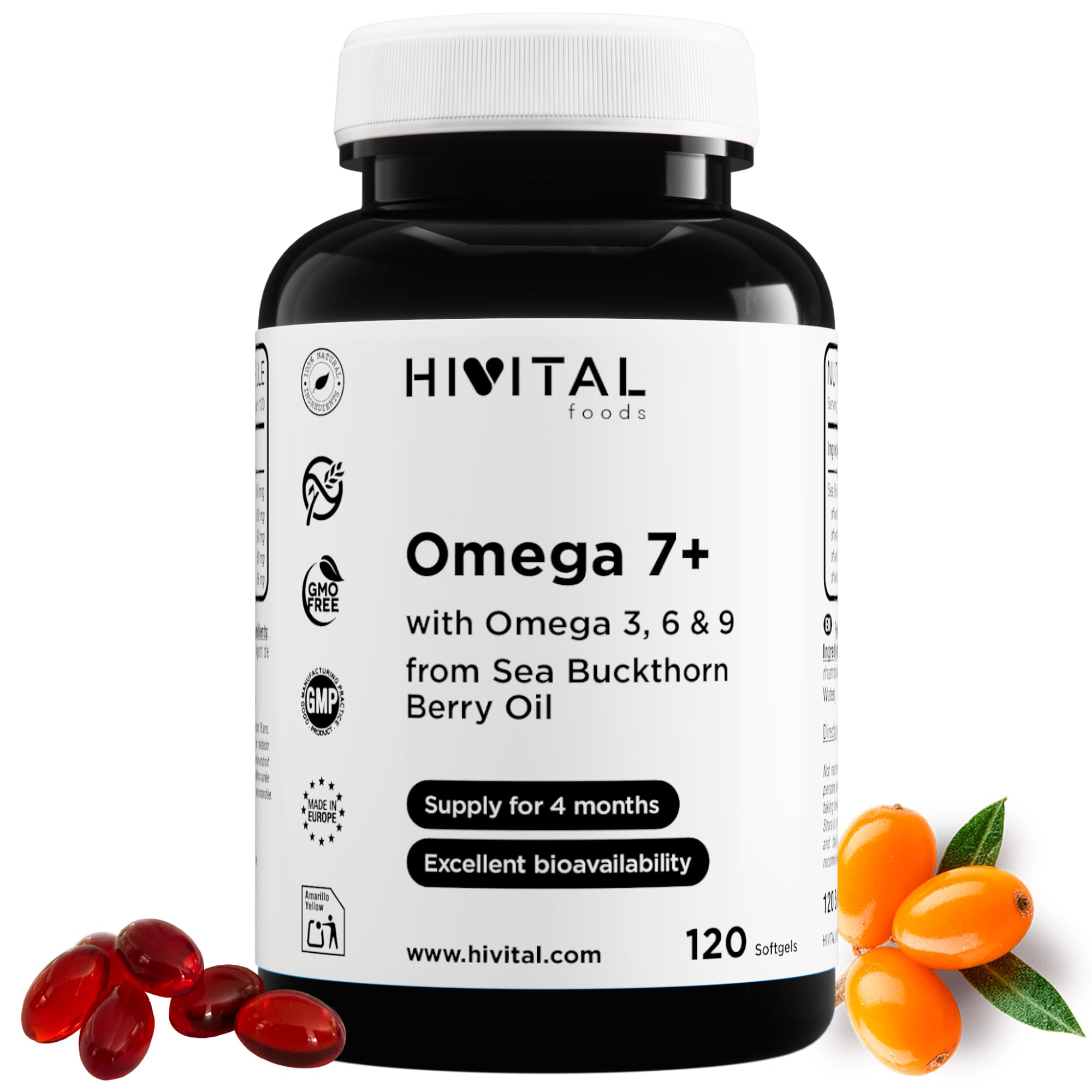 Omega 7 Espino Amarillo 500 mg. 120 cápsulas blandas para 4 meses de tratamiento. Con 150 mg de Omega 7 + Omega 3, 6 y 9 procedente de Aceite de Hippophae Rhamnoides. Fabricado en España por HIVITAL