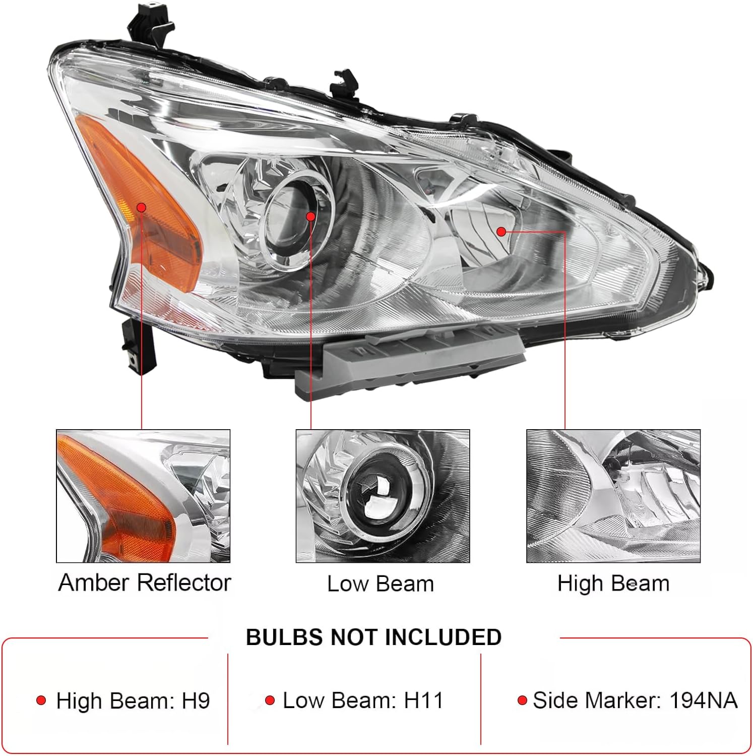 Headlight Assembly Compatible with 2013 2014 2015 Nissan Altima 4-Door Sedan,Halogen Headlamp Replacement Driver Passenger Side Chorme Housing Amber Reflector Clear Lens