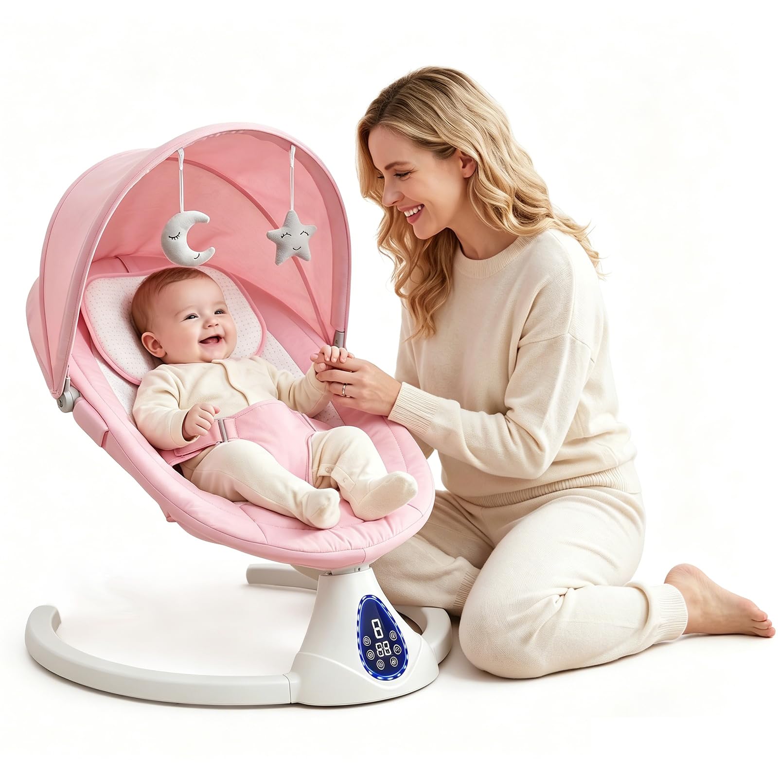 Baby Bouncer from Birth - Electric Baby Swing Chair with 5-Speed, 3-Stage Timer, Touch Panel, Remote Control, Soft Seat| Bluetooth Sturdy Baby Rocker for 0-6 Months| Less Arm Strain (Pink)