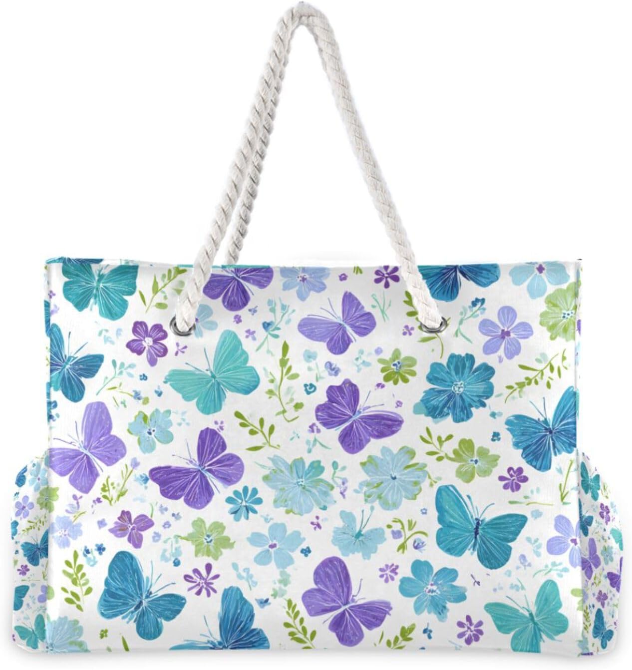OTVEE Blossoms with Vibrant Butterflies Beach Bags for Women Ladies Large Canvas Tote Shoulder Bag Waterproof Travel Bags for Gym Swim Pool Camping
