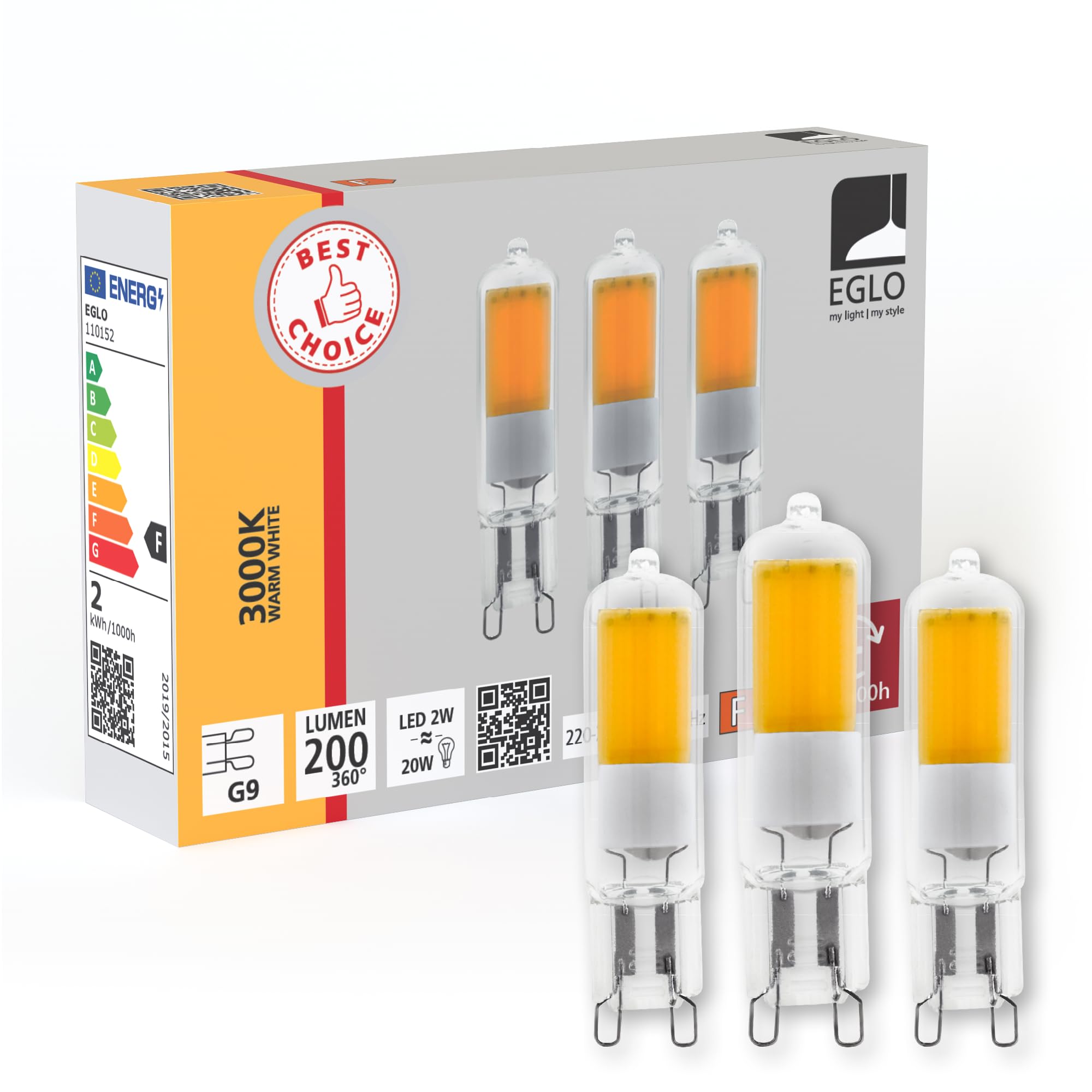 EGLO G9 Stiftsockel LED Lampe 3er-Set, Stiftsockellampe, 3 Steckbirnen, je 2 Watt (entspricht 25 Watt), Leuchtmittel warmweiß, 3000 K, Glühbirne Pin Ø 1,5 cm