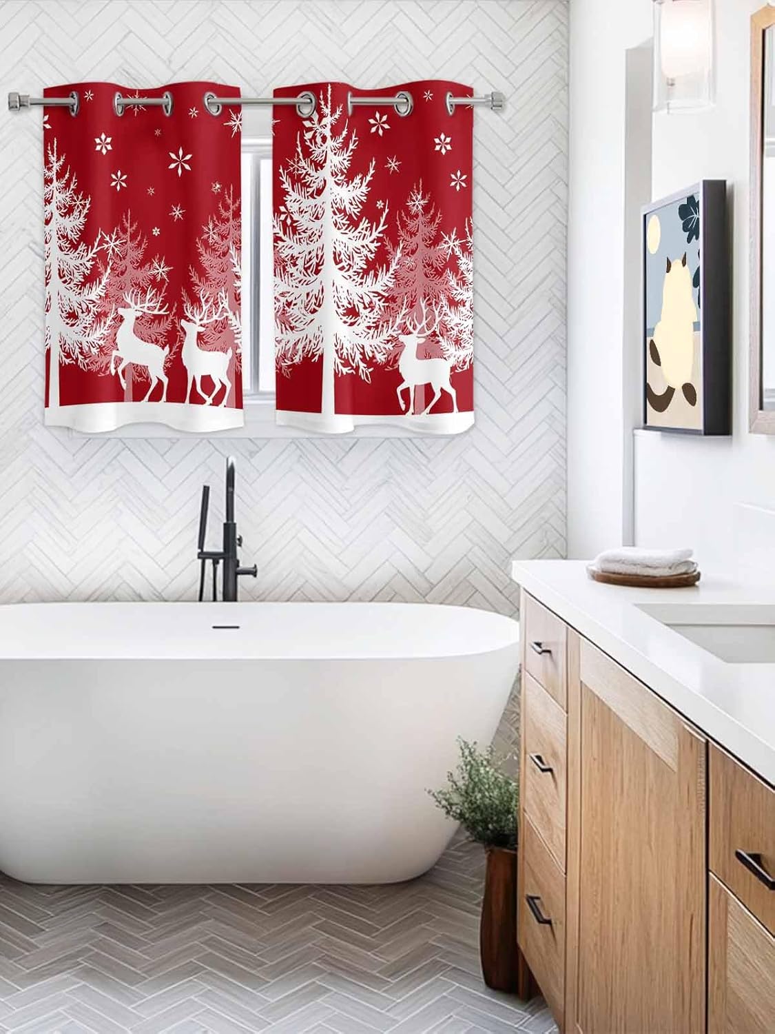 Grommet Top Window Curtains, Christmas Winter Snowflake Tree Elk Red Durable Light Blocking Windows Drapes for Kitchen/Bedroom/Living Room, Window Treatments Curtain Set of 2 Panels 27.5x39 In