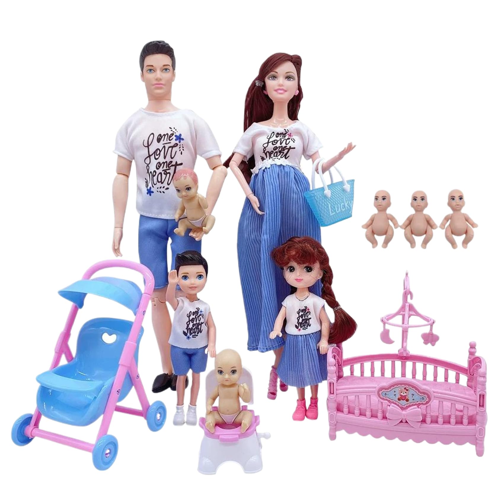 Juego de muñecas Familiares, Juego de muñecas seguras para Embarazadas con papá y 3 niños, 5 Personas con Accesorios para casa de, Juguete para de imitación para niños y bebés