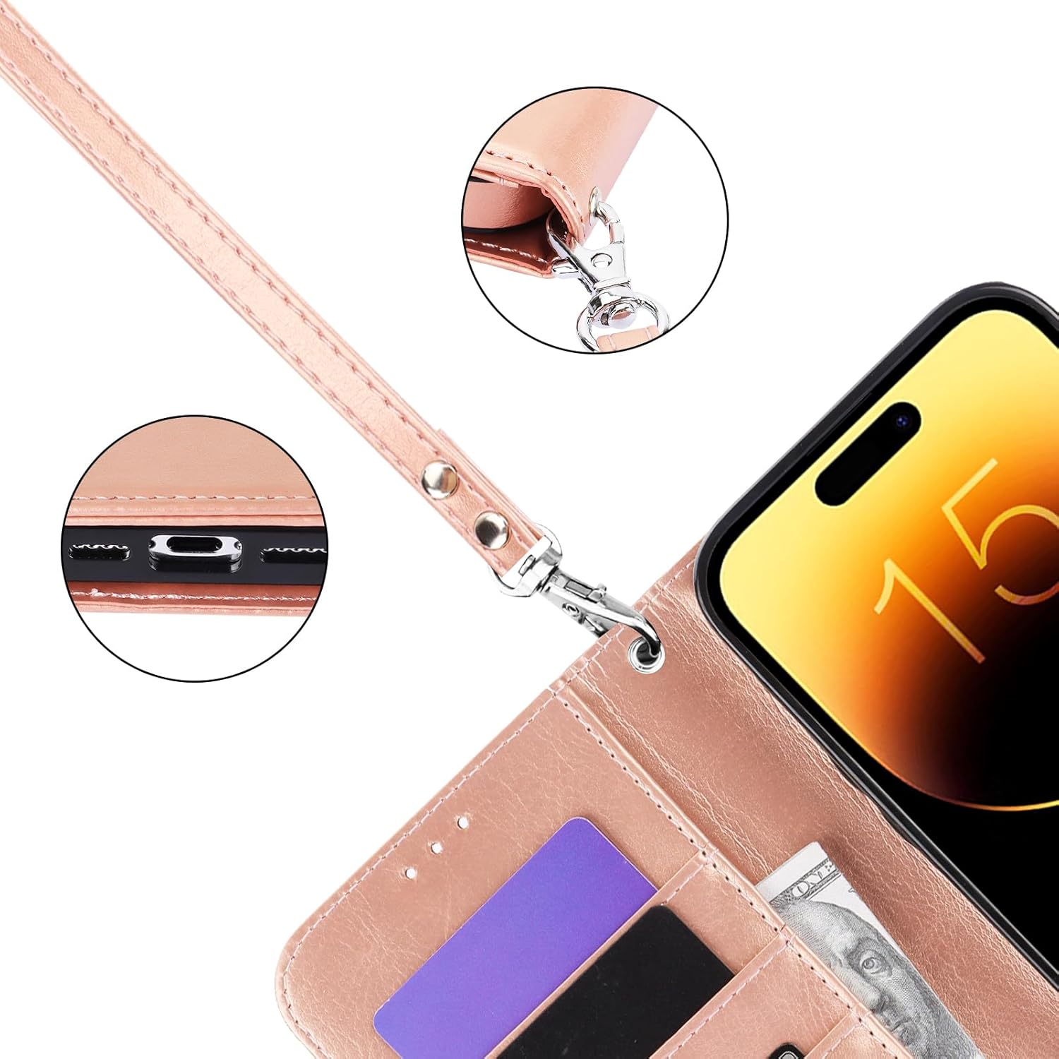 Bocasal Detachable Wallet Case for iPhone 15 Plus RFID Blocking Card Slots Holder Premium PU Leather Magnetic Kickstand Shockproof Wrist Strap Removable Flip Protective Cover 5G 6.7 inch (Rose Gold)