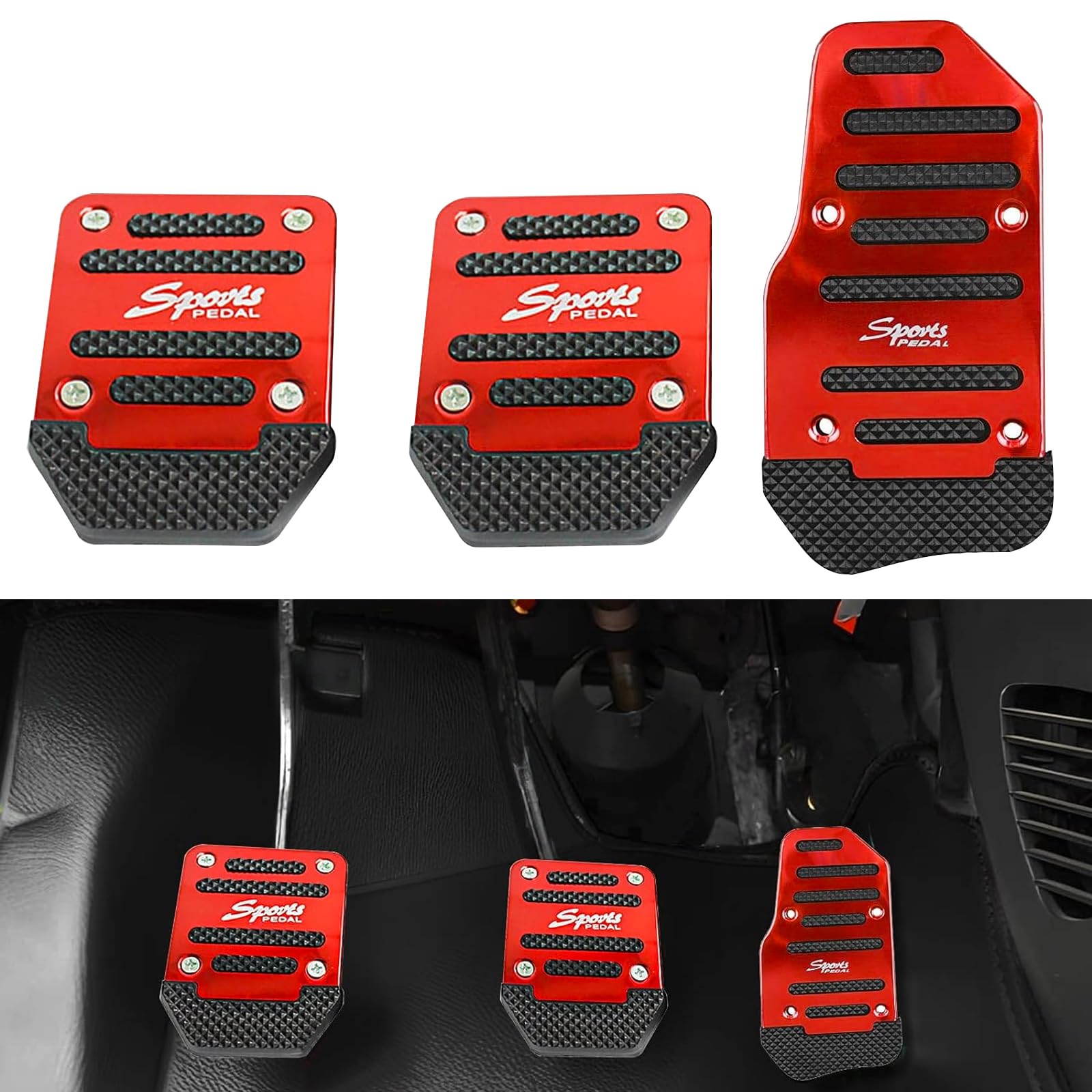 Pack-3 Car Non-Slip Pedal Pads Set, Accelerator Pedal Covers, Car Brake Pedal Protectors, Automobile Universal Replacement Accessories, for Most Cars, Trucks and Vans (Red)