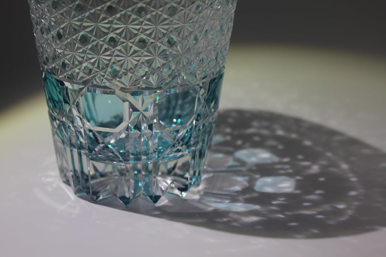 Hand-Cut Whiskey Glass – Japanese-Style Edo Kiriko Inspired Sea Aquamarine Fluorite Tumbler, 10oz Lead-Free Blown Glass with Faceted Blue Design