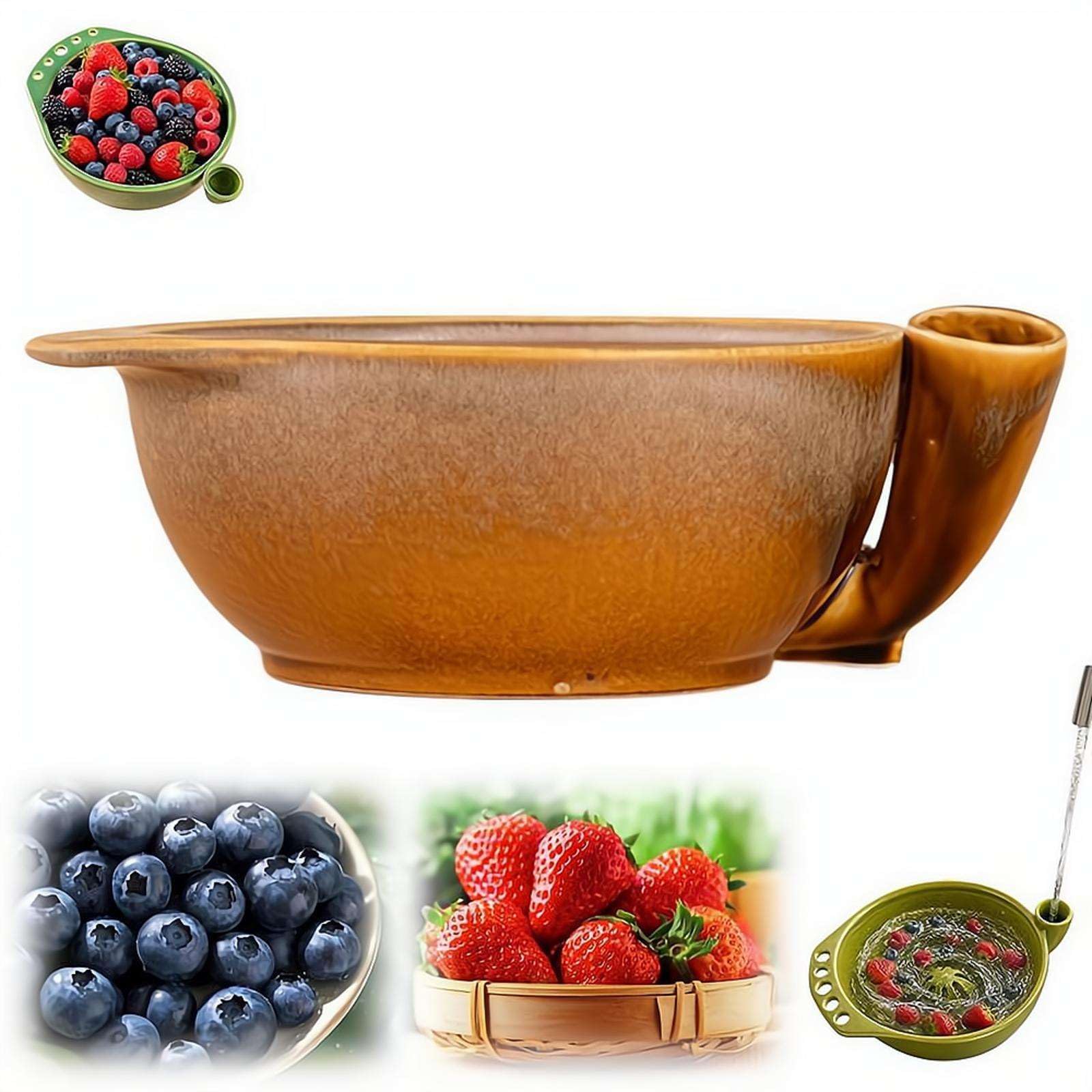 Self-Spinning Berry Washing Bowl, Ceramic 360° Swirl Colander Bowl, Quick Water-Powered Rinser for Berries, Vegetables & Serving