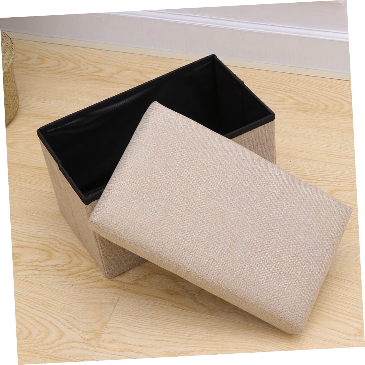 Foldable Storage Box with Top Beige Linen Fabric Chest Foot Rest for Bedroom Living Lightweight Portable for Home Travel and Outdoor Use