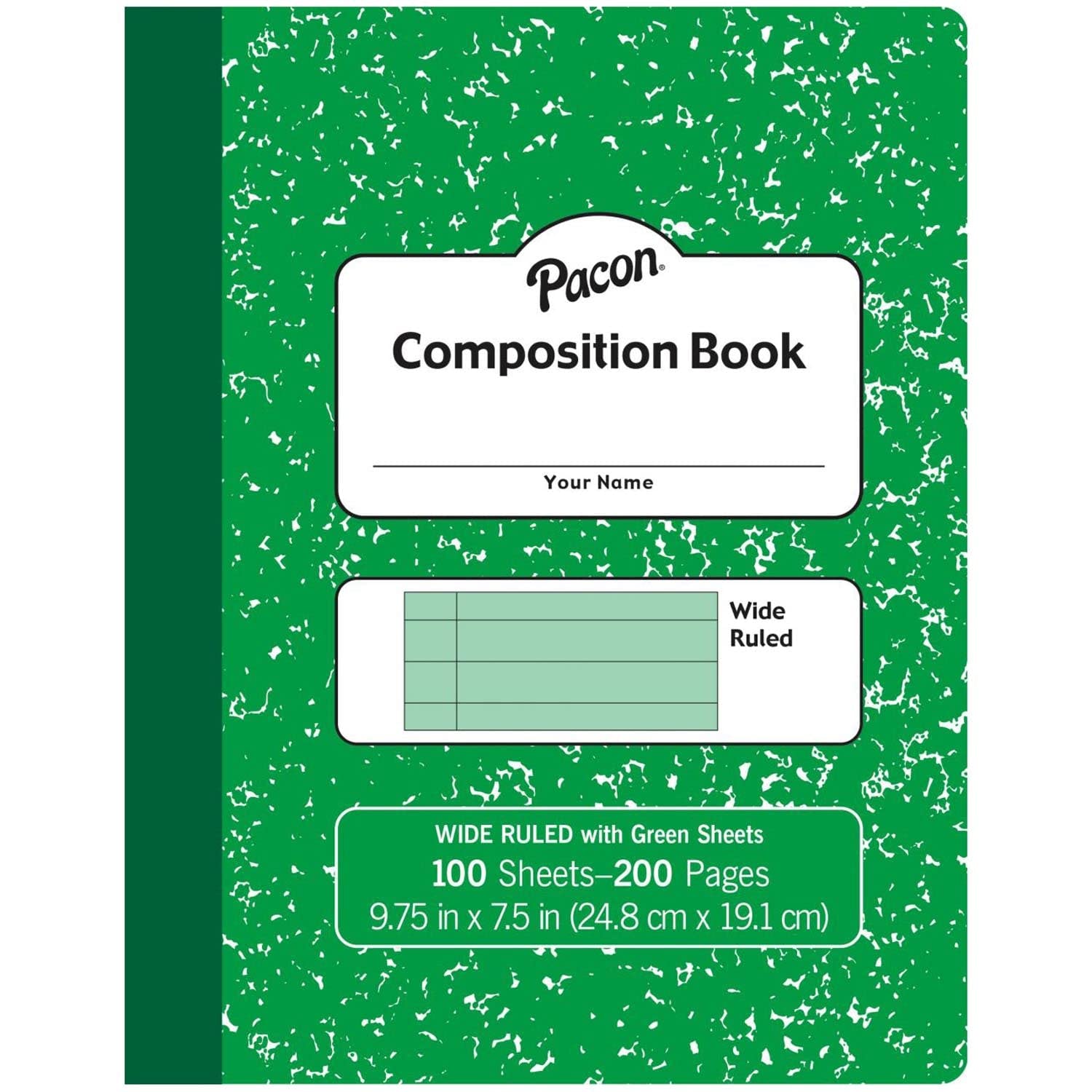 Pacon Pastel Composition Book, Green Marble Cover, Light Green Sheets, 3/8" Ruled, 9-3/4" x 7-1/2", 100 Sheets