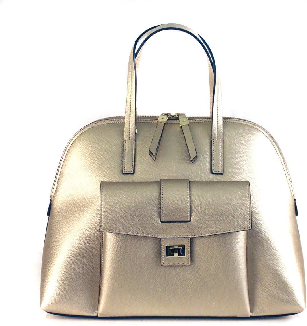 Beautiful Italian Leather Bowling Structured Design Work Daily Use Handbag (Metallic Gold)