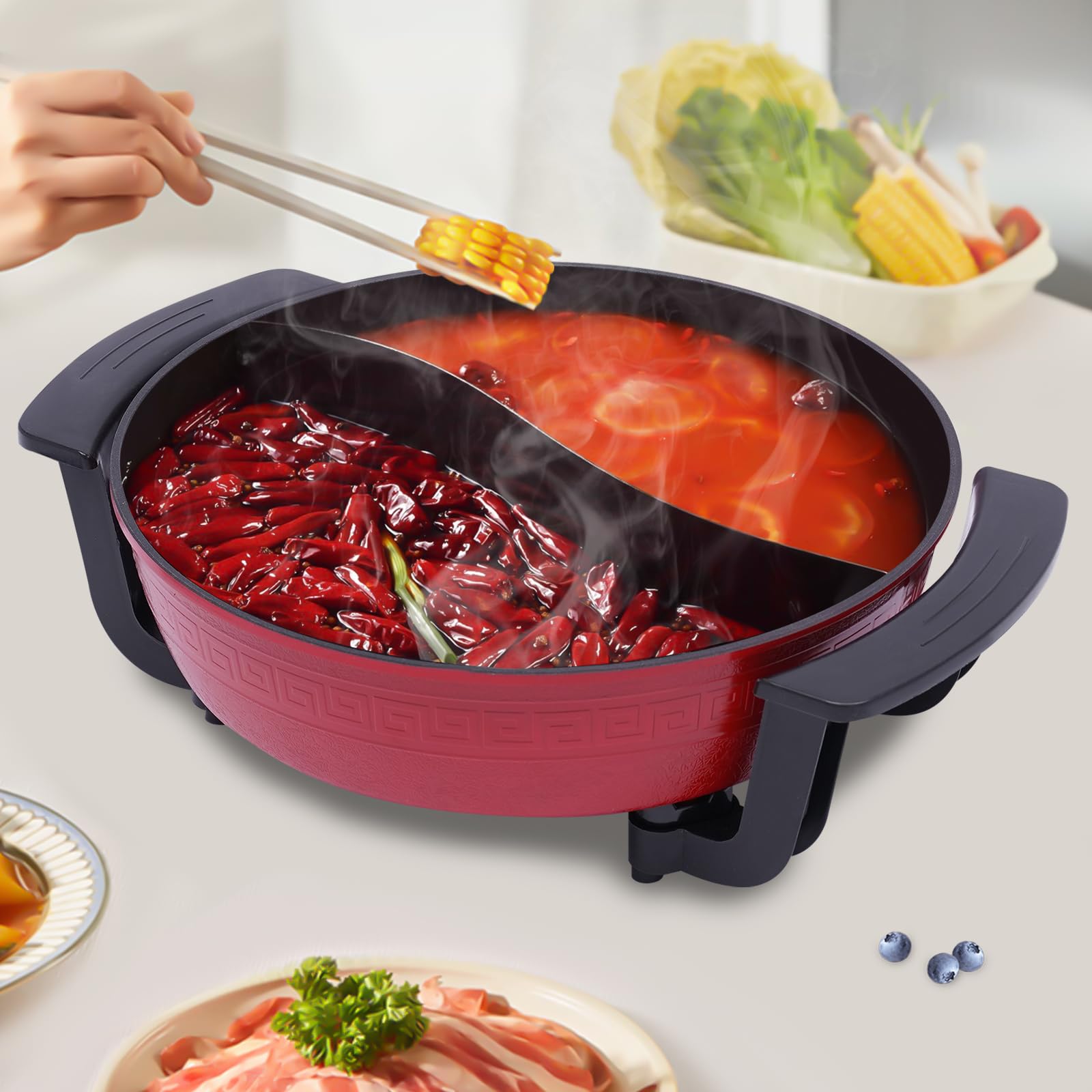 1300W 6L Twin Hot Pot Pot Pot avec couvercle Hotpot électrique 2 Pièces Cuisine Cuisine Outil de cuisine Rouge