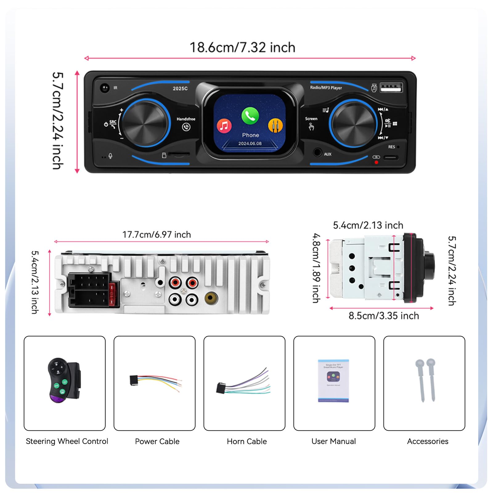Single Din Car Stereo Marine Radio Bluetooth Multimedia Car Audio Receiver with Digital LCD Display FM Car Radio USB/Type-C/SD/AUX-In MP3 Player Lossless Sound Quality Quick Charge+ SWC
