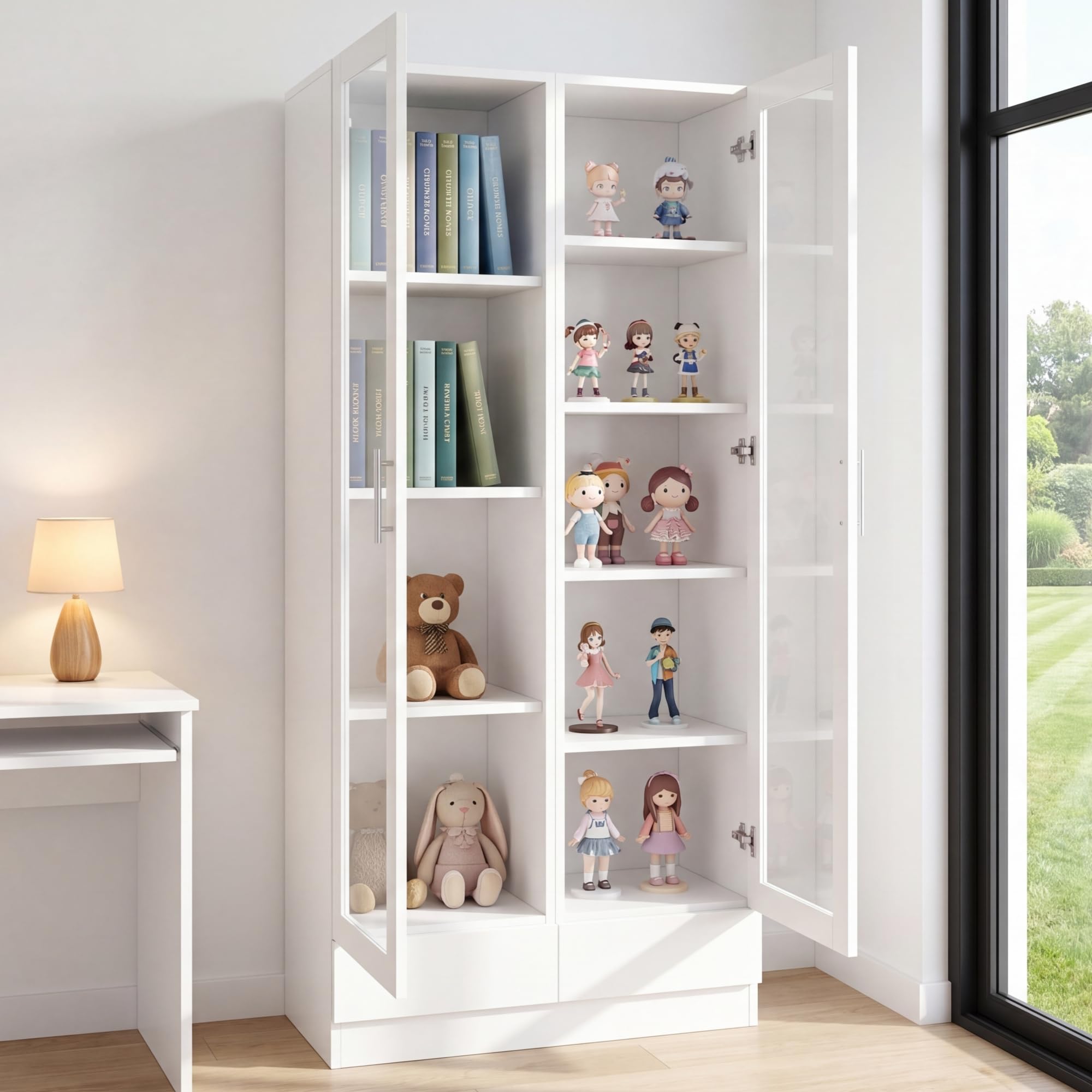 Gecheer Glasvitrine 80x40x160 cm, 4+5 Fächer & 2 Schubladen, Weiß