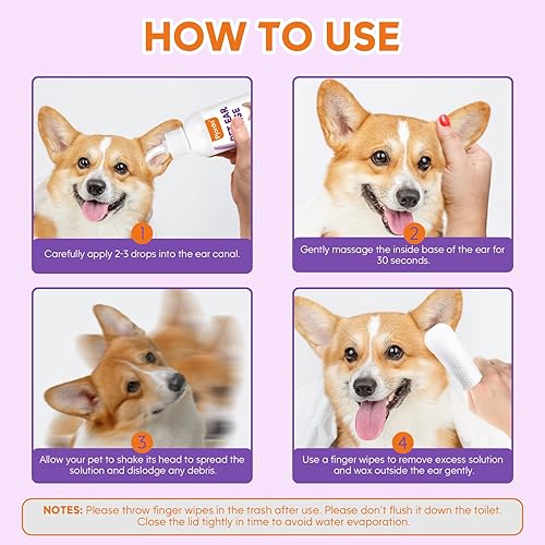Miniatura 8 de Kit de limpiador de oídos para perros Toallitas para los dedos de las orejas de perro y solución limpiadora de oídos para perros y gatos, elimina