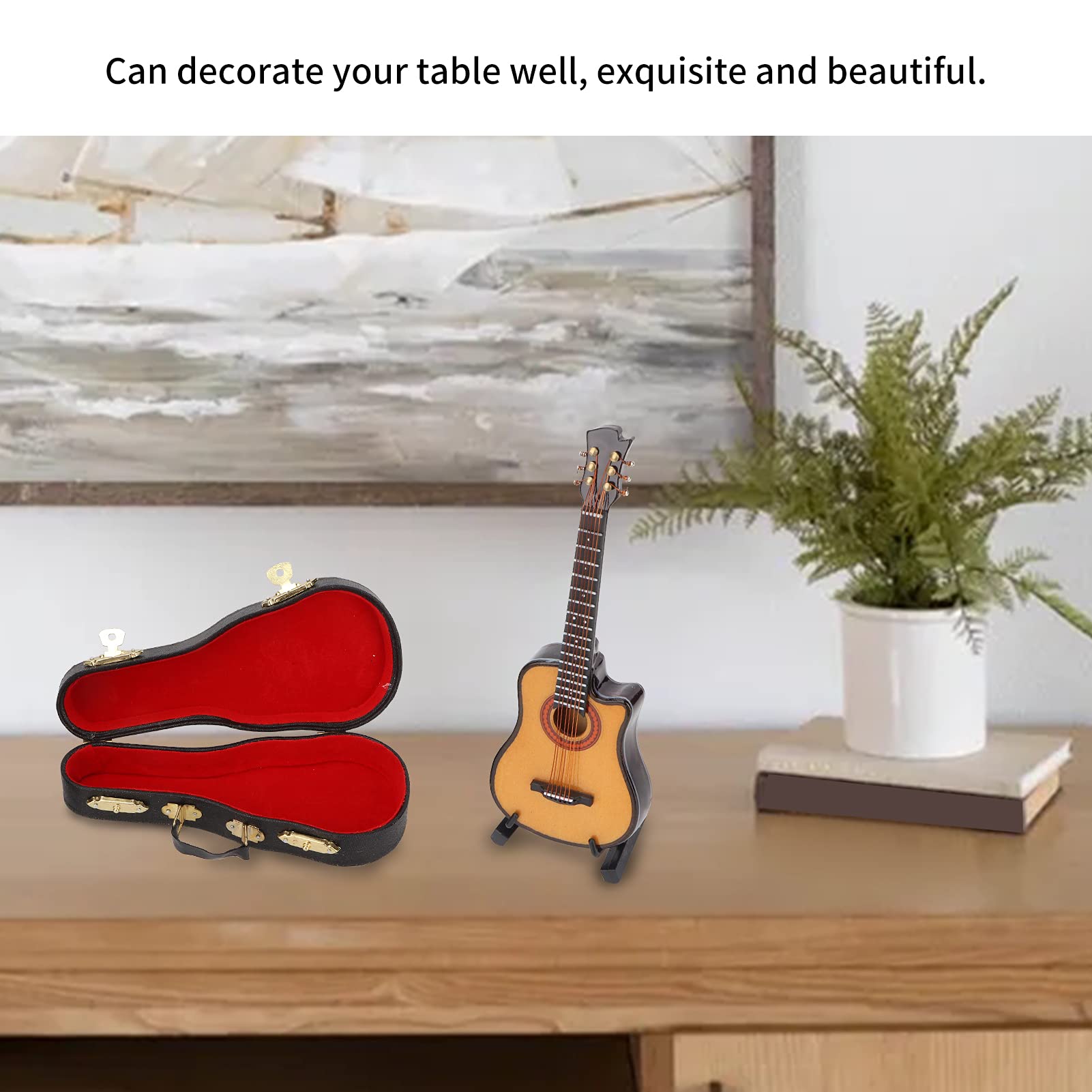 HERCHR Mini Guitar Model, Wooden Miniature Guitar with Stand and Case Musical Instrument Display Ornaments Craft for Desk Shelf Decoration(13cm)