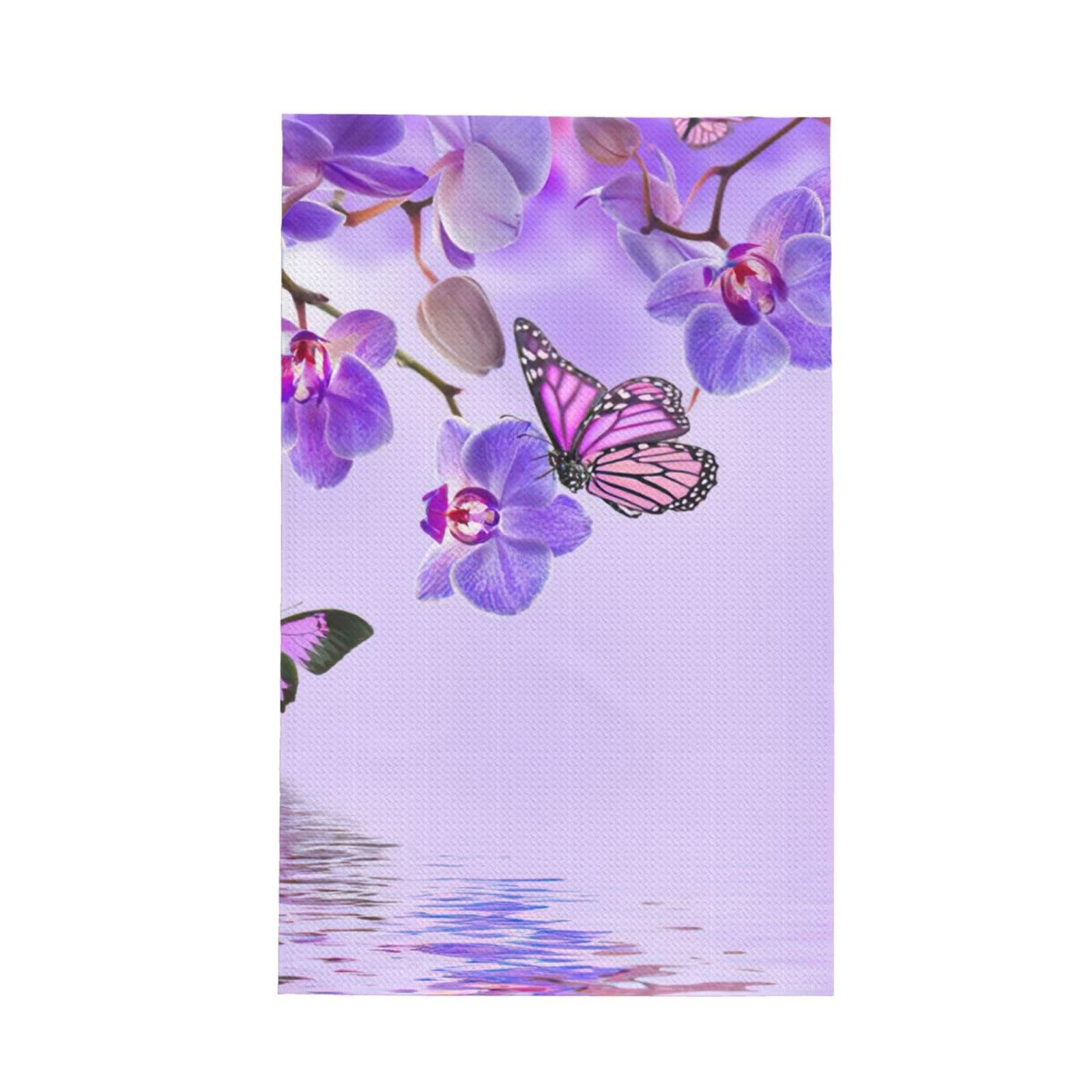 CKGODGF Purple Butterfly Print Absorbent Waffle Dishcloths,Kitchen Towels With Hanging Loops,Tea Towels.