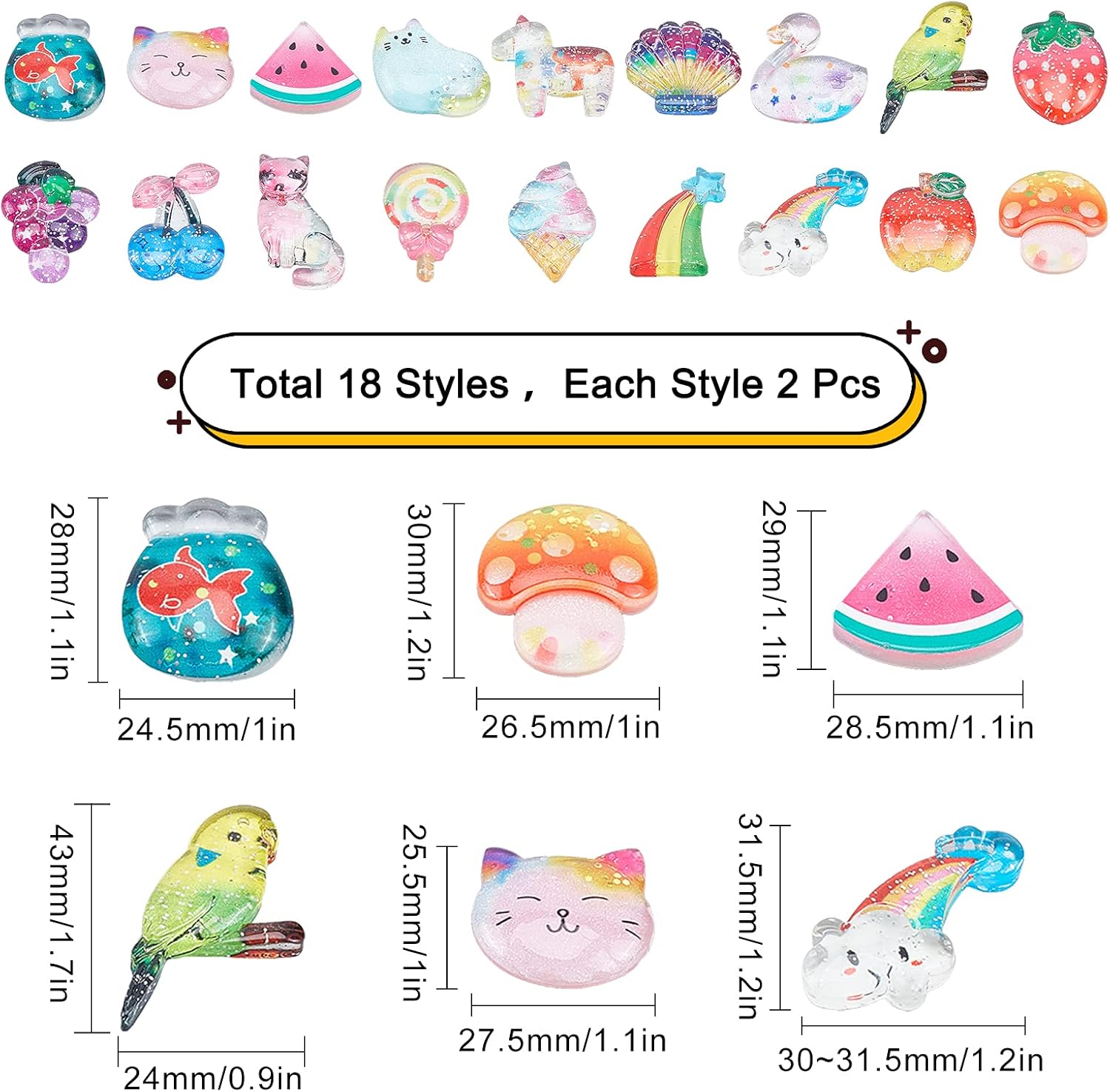 SUNNYCLUE 1 Box 18 Styles 36Pcs Food Animal Resin Cabochons with Glitter Powder, Strawberry Unicorn Lollipop Rainbow Slime Charms Embellishments for DIY Scrapbooking Decoration Jewelry Making