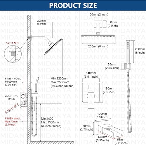 Miniatura 6 de Midanya Sistema de ducha de lluvia, juego de grifo de ducha para bañera, cabezal de ducha cuadrado de cascada con rociador de mano, boquilla de