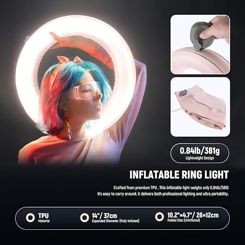 Miniatura 5 de NEEWER Anillo de luz inflable grande de 14 pulgadas con soporte de trípode/soporte para teléfono/control remoto, 35 W, luz LED portátil 2900-6500K