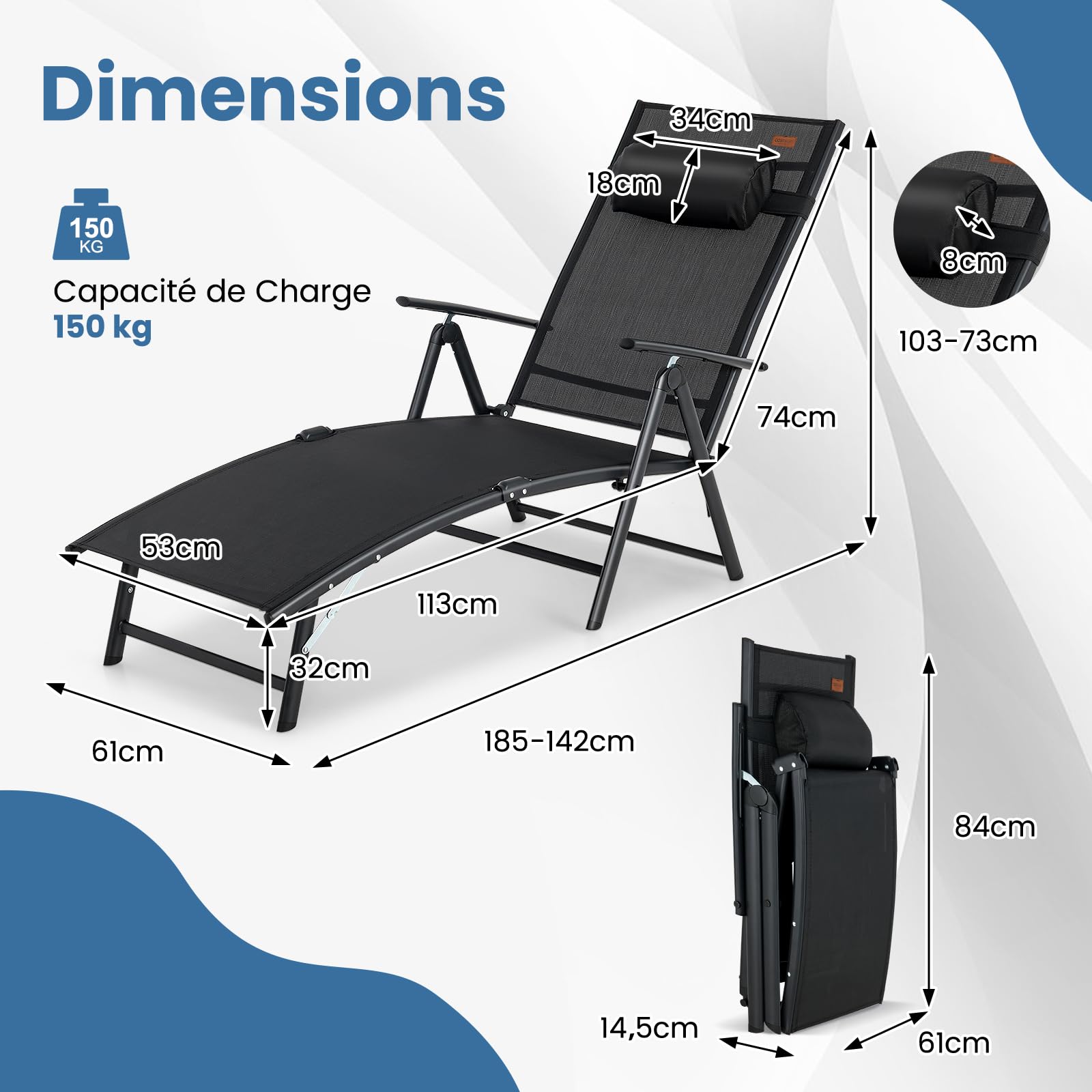 GOPLUS Transat Jardin Exterieur Pliante avec Dossier Réglable à 7 Niveaux, 142 x 61 x 103 CM, Bain de Soleil avec Accoudoir, Repose-tête, Charge 150 KG, Idéal pour Piscine, Jardin, Terrasse (Noir)