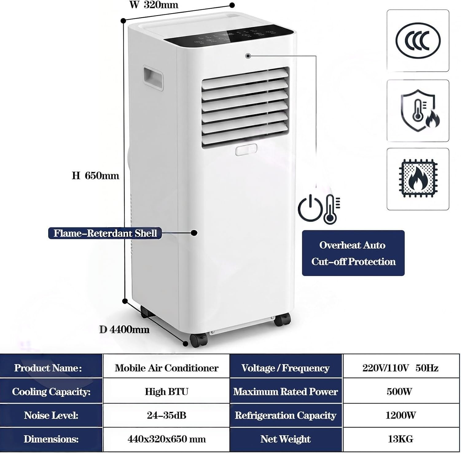 Przenośny klimatyzator 7000 BTU chłodzi pomieszczenie 24 m² z trybem osuszacza i wentylatora, timer, kółka do domu i biura