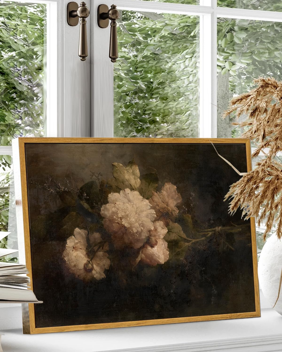 KBKBART Gerahmte Vintage-Leinwandkunst, dunkles Vintage-Stillleben-Blumen-Ölgemälde, klassische stimmungsvolle Pfingstrosen-Blumenstrauß-Drucke für Wanddekoration, antikes Blumen-Kunstgemälde