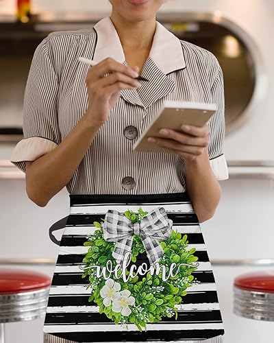 Miniatura 3 de Farmhouse Wreath Waitress Waiter Server Apron with PocketsWelcome Rustic Boxwood Black Stripe Waist Half Waterproof Cooking Kitchen BBQ Grill Chef