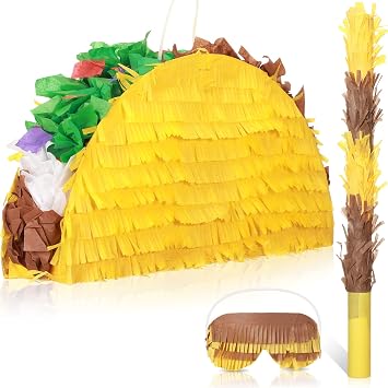 Sratte Taco Pinata Set Mexican Birthday Party Decorations Cinco De Mayo Fiesta Theme Taco Pinata with Plastic Stick and Blindfold for Mexican Themed Party Supplies Favors, 15 x 8 x 3 Inches