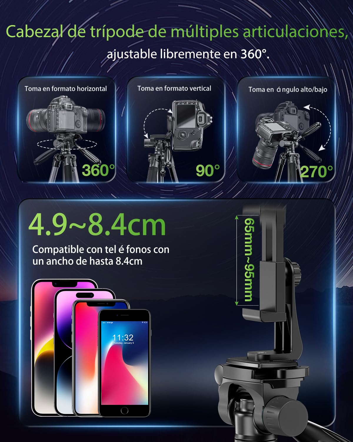 CAMBOFOTO Cámaras Trípode Profesional de 188 cmpara Cámaras DSLR, Smartphones y Dispositivos con Montaje Universal 1/4" - Cabezal Panorámico de 3 Vías, Ligero y Compacto (Negro)