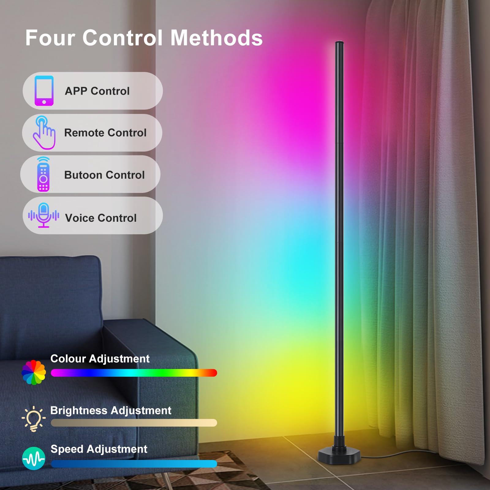 Juego de 2 lámparas de pie de esquina, lámpara de esquina LED RGB con sincronización de música, aplicación inteligente y control remoto, luz ambiental que cambia de color, 16 millones de