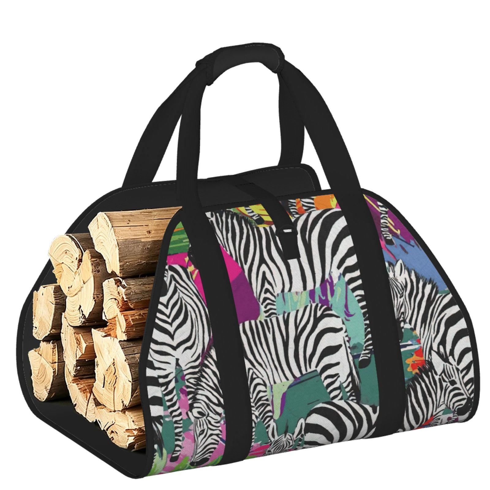 Pphgut Black Zebra Print Firewood Bag Wood Carrier Transport Sack Camping Picnic Storage Daily Home