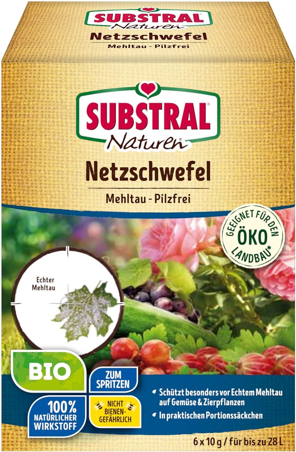 Substral Naturen Bio Netzschwefel Mehltau Pilzfrei, 6x10g - Biologisches Spritzpulver gegen Pilzkrankeiten an Pflanzen