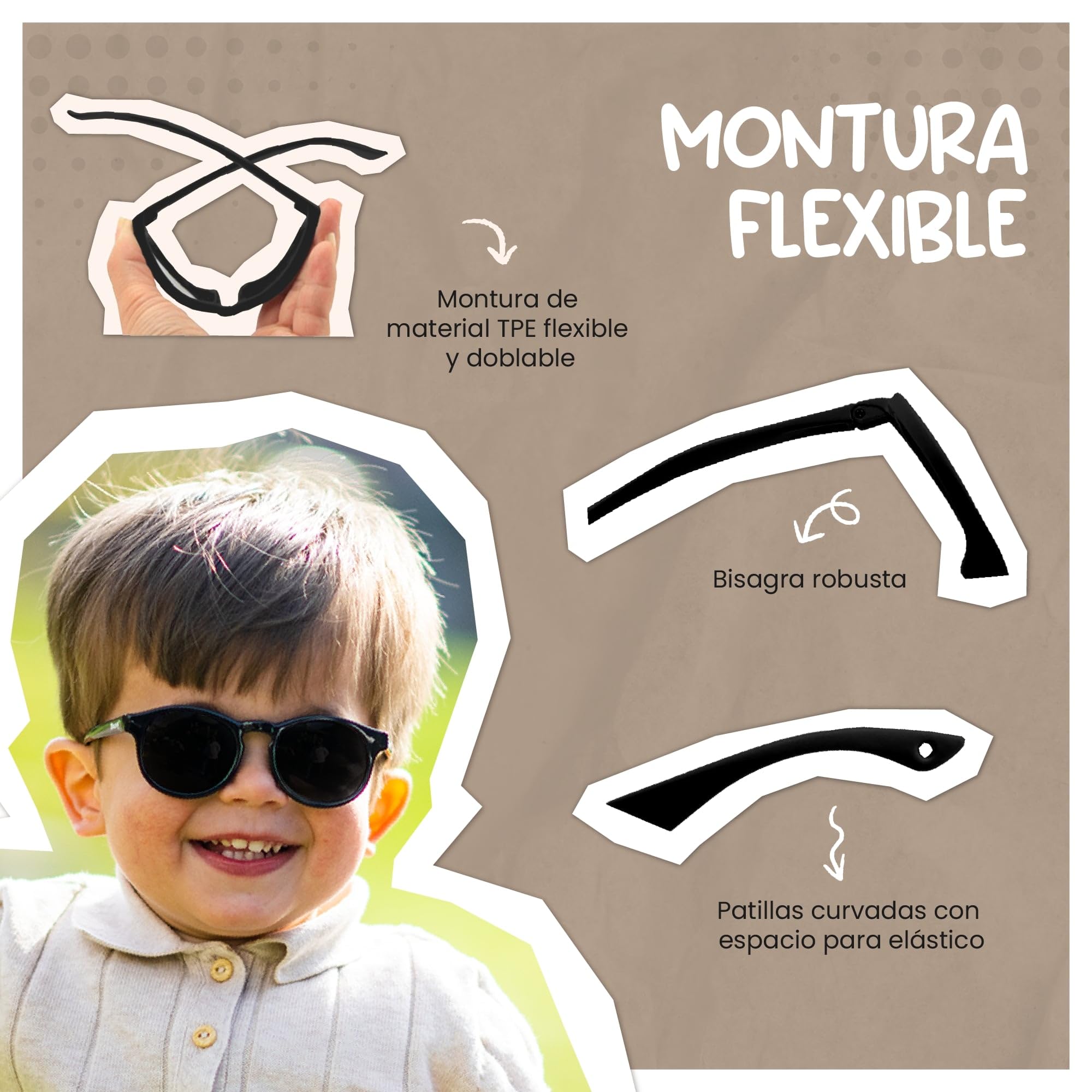 Gafas de Sol para Bebé y Niño, 1-3 Años, Protección Polarizada UV400, Montura Flexible y Blanda, Cinta Elástica Ajustable, Gafas de Sol Seguras y Cómodas para Niños, Bowi