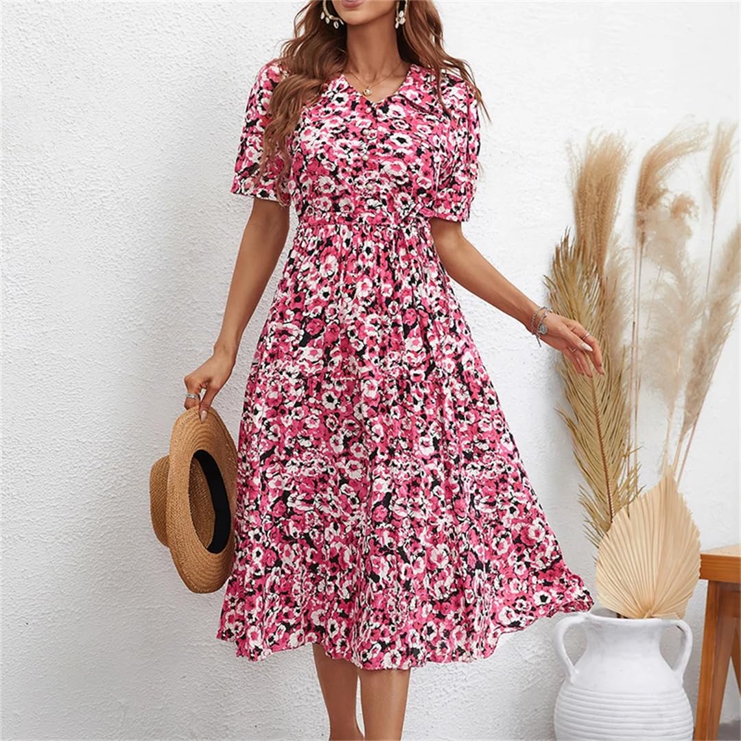 Vestido largo de manga corta con estampado floral para mujer, vestido largo de verano, oficina, fiesta, acampanado, vestido midi