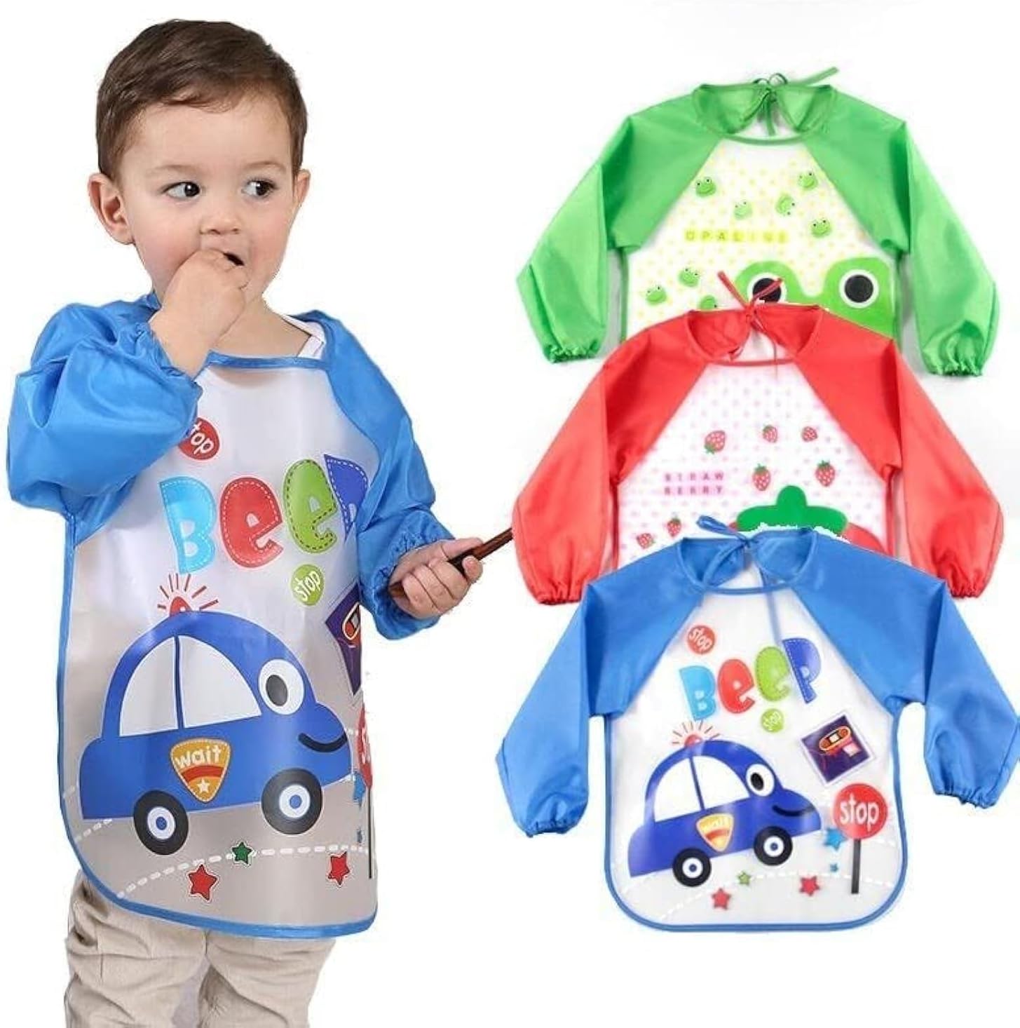 Long Sleeve Baby Bibs | Washable Waterproof Feeding Smocks for Toddlers 6–24 Months, Full-Sleeve Apron Bibs, Durable, Easy-to-Clean, Comfortable & Reusable Baby Bibs | Pack of 3 (Multicolor)