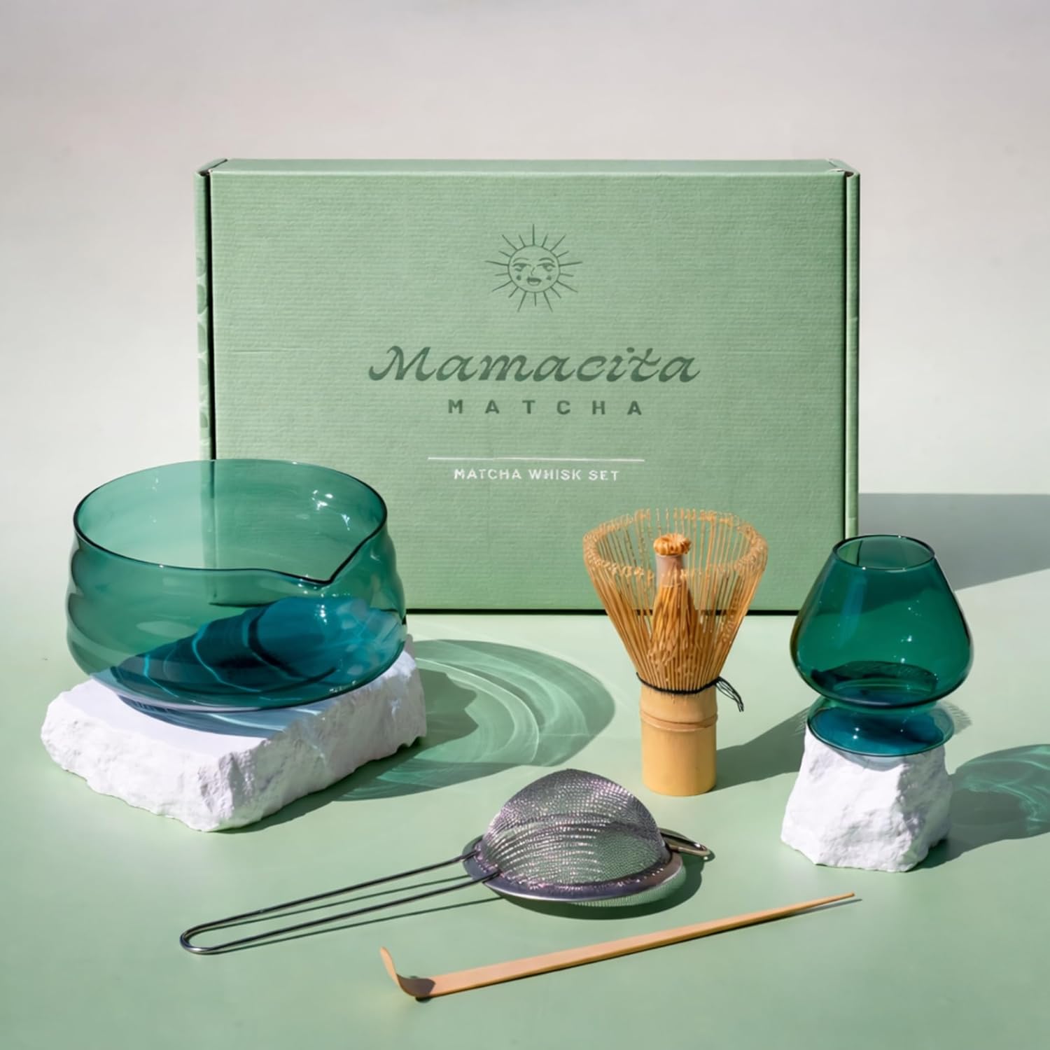 Matcha Whisk Set, 5-Piece Matcha Bowl and Whisk Kit with Bamboo Scoop, Glass Matcha Bowl, Holder, and Sieve – Handmade Borosilicate Glass (Emerald Green)