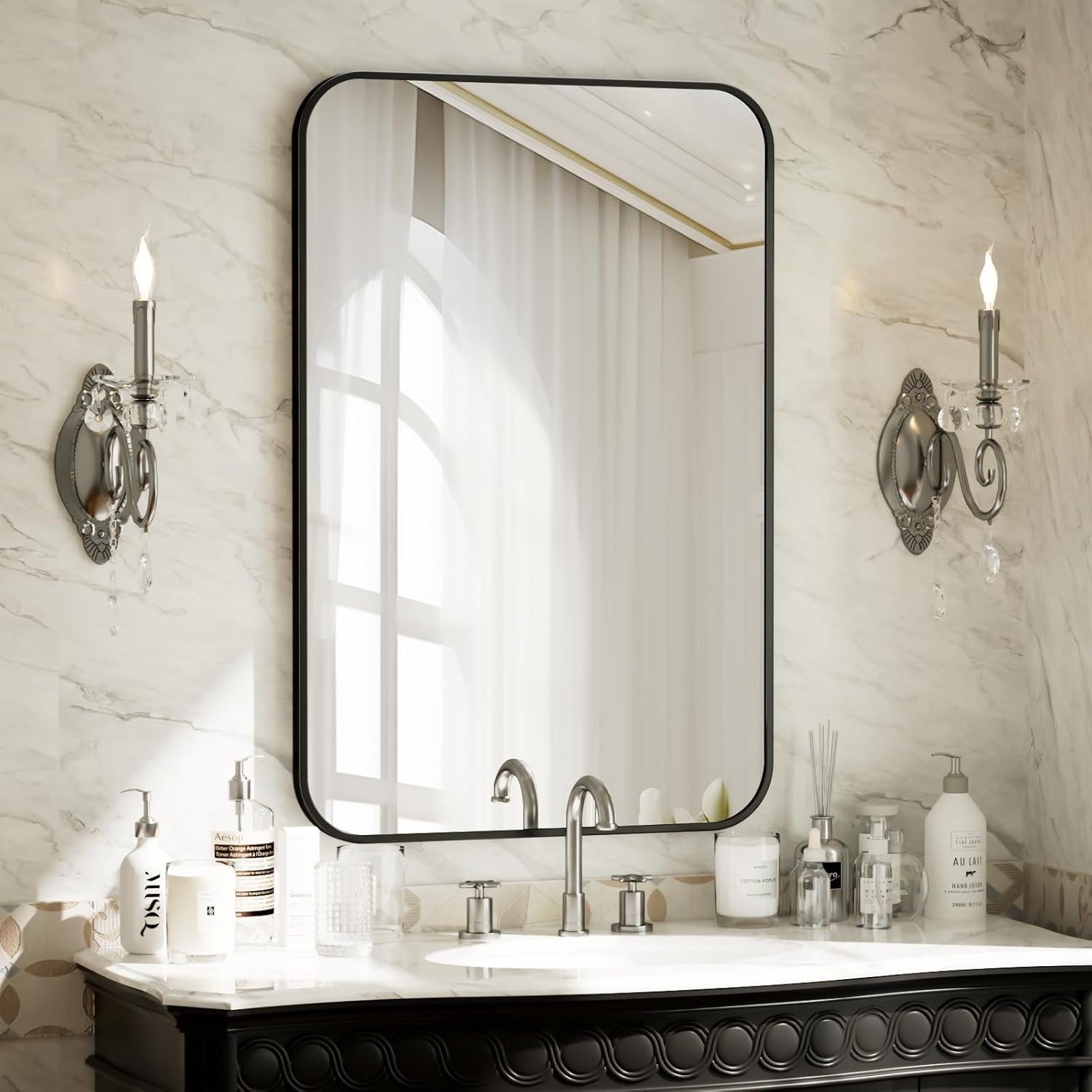 BEAUTYPEAK 24 x 36 Rectangular Aluminum Alloy Frame Wall Mounted Bathroom Mirror with Rounded Corners Black