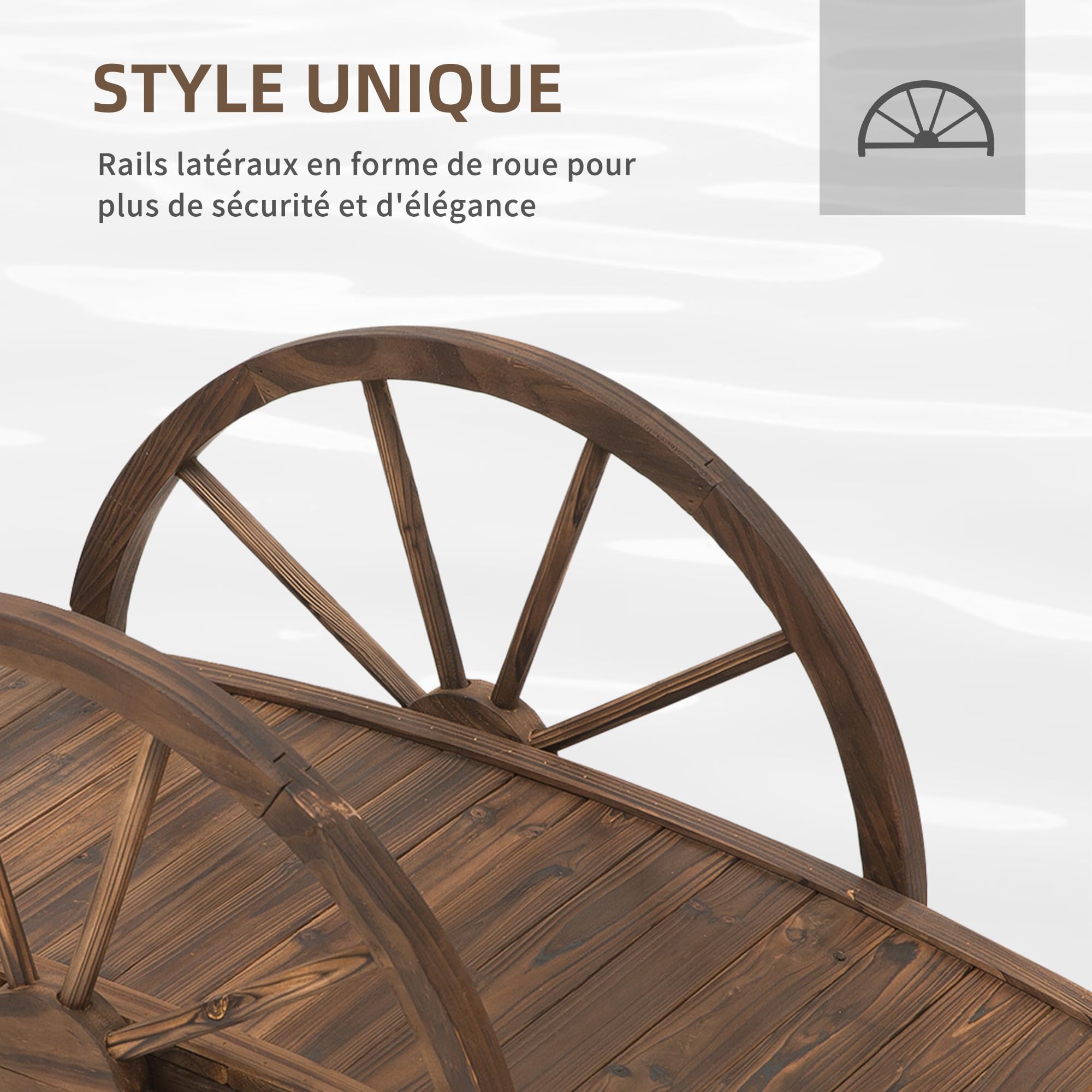 Outsunny Pont de Jardin en Bois, Pont de Bassin, Charge Max. 150 KG décoration du Jardin 100 x 50 x 37 cm avec Balustrade à Demi-Roues, Pont décoratif pour ruisseau, Marron
